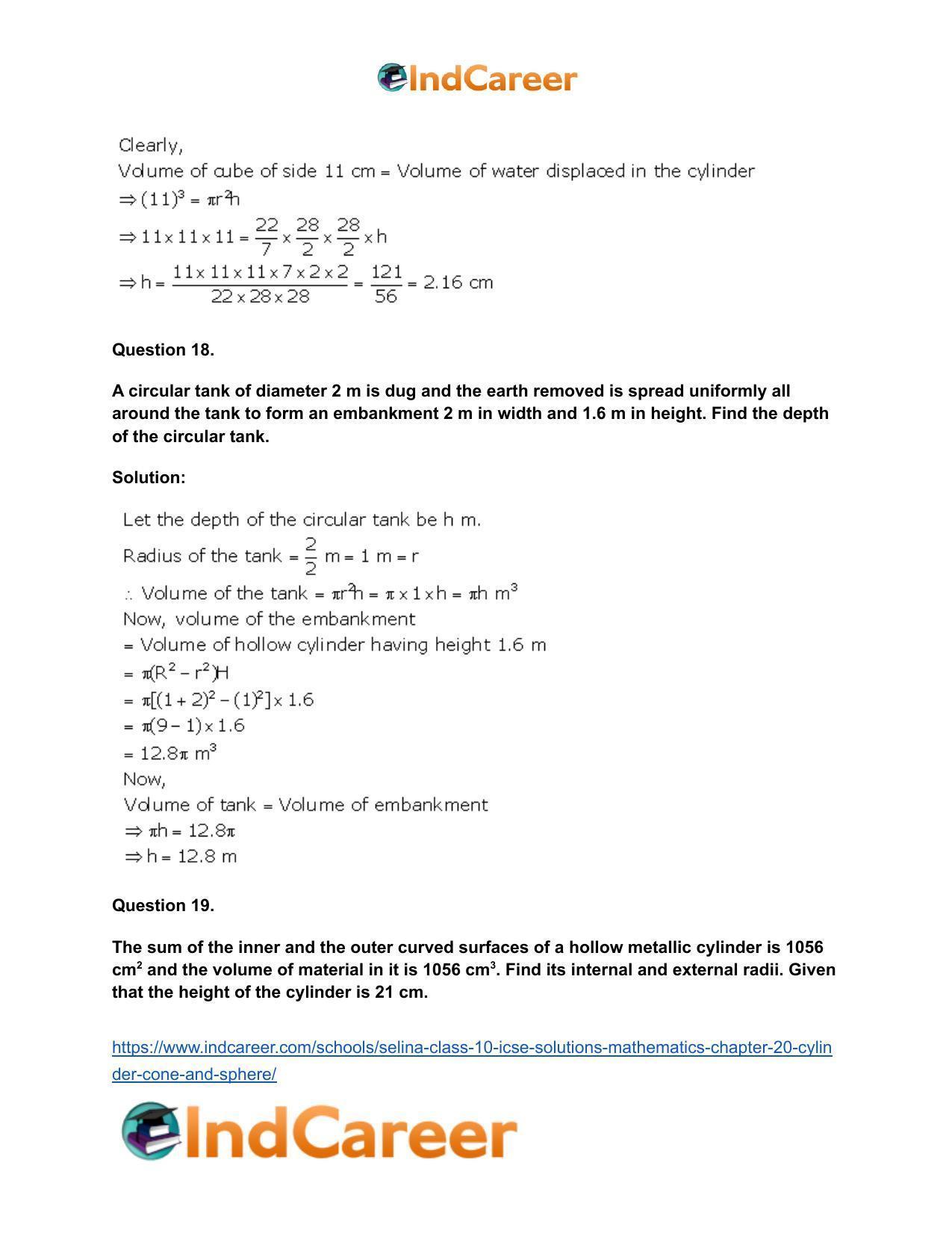 Selina Class 10 ICSE Solutions Mathematics : Chapter 20- Cylinder, Cone and Sphere - Page 18