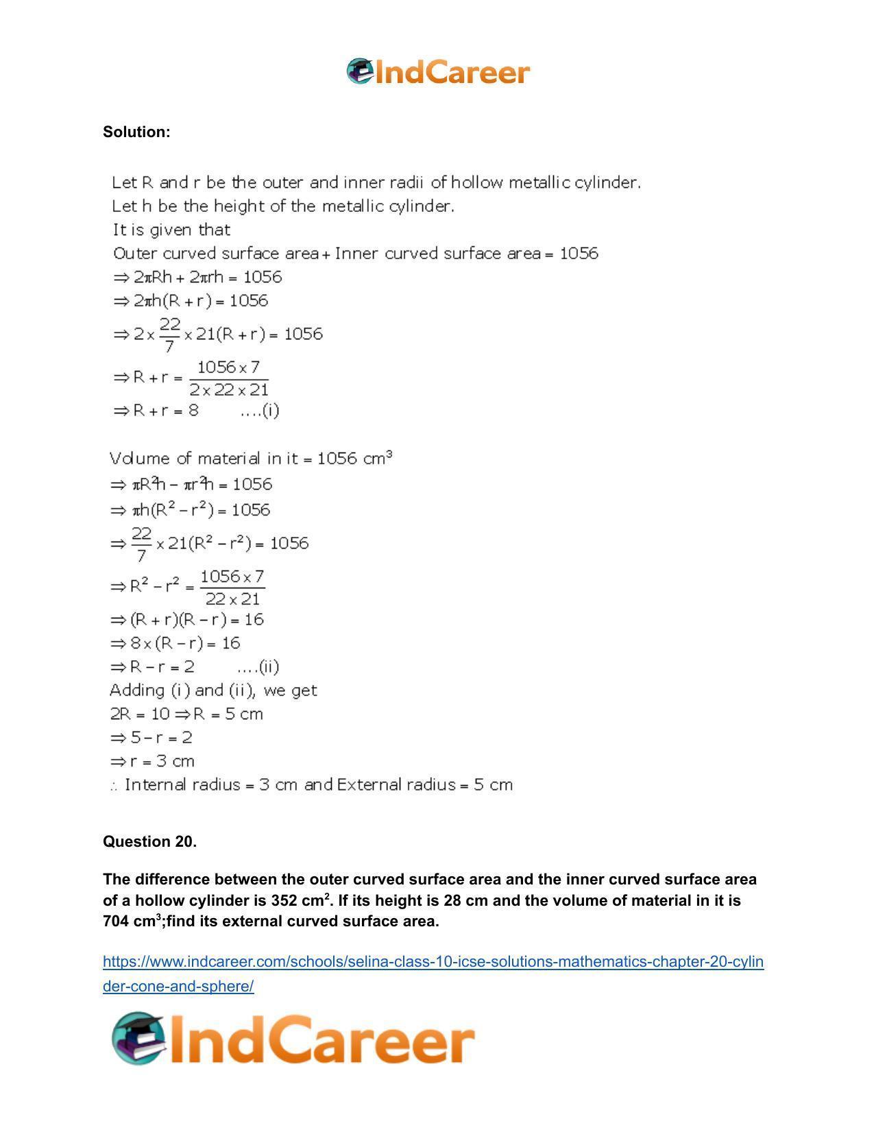 Selina Class 10 ICSE Solutions Mathematics : Chapter 20- Cylinder, Cone and Sphere - Page 19