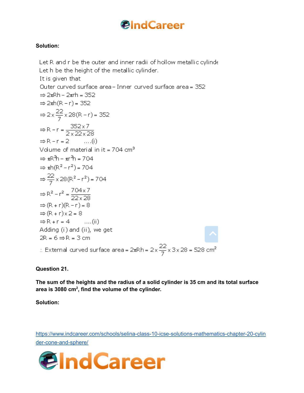 Selina Class 10 ICSE Solutions Mathematics : Chapter 20- Cylinder, Cone and Sphere - Page 20
