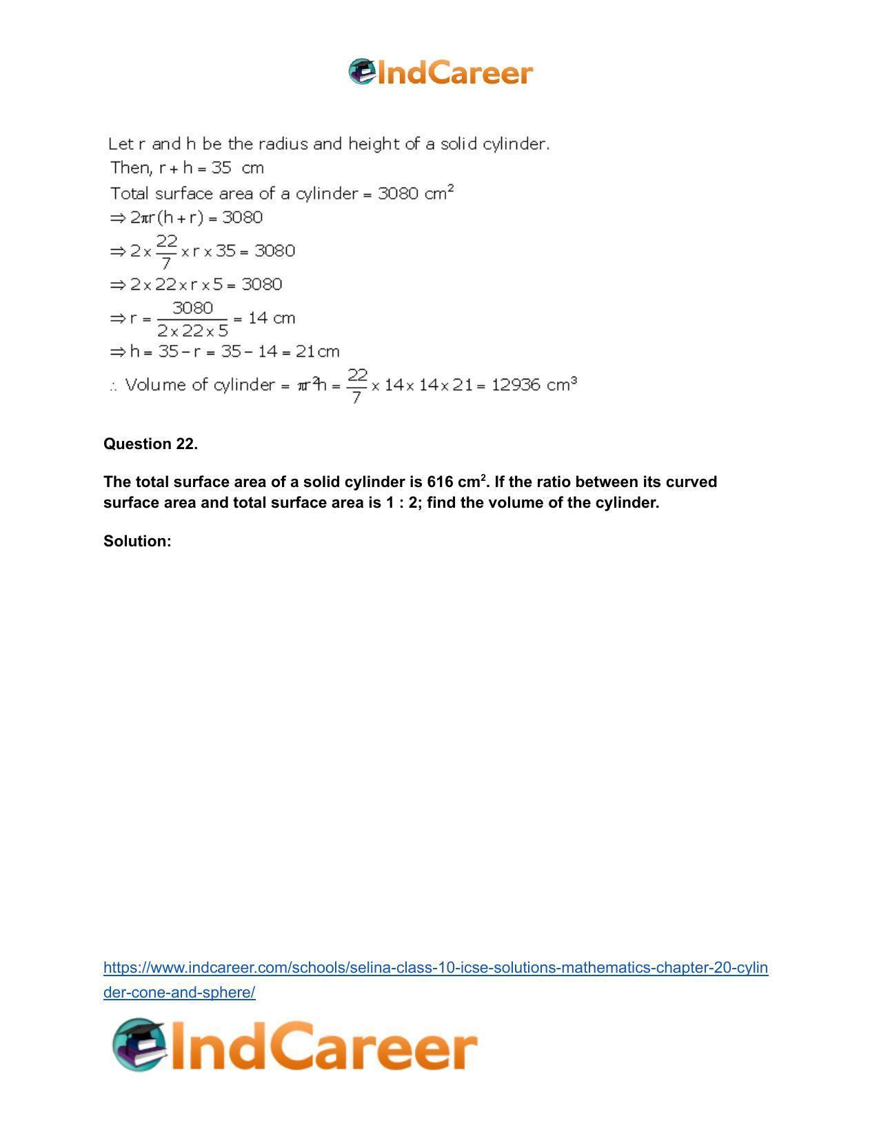 Selina Class 10 ICSE Solutions Mathematics : Chapter 20- Cylinder, Cone and Sphere - Page 21