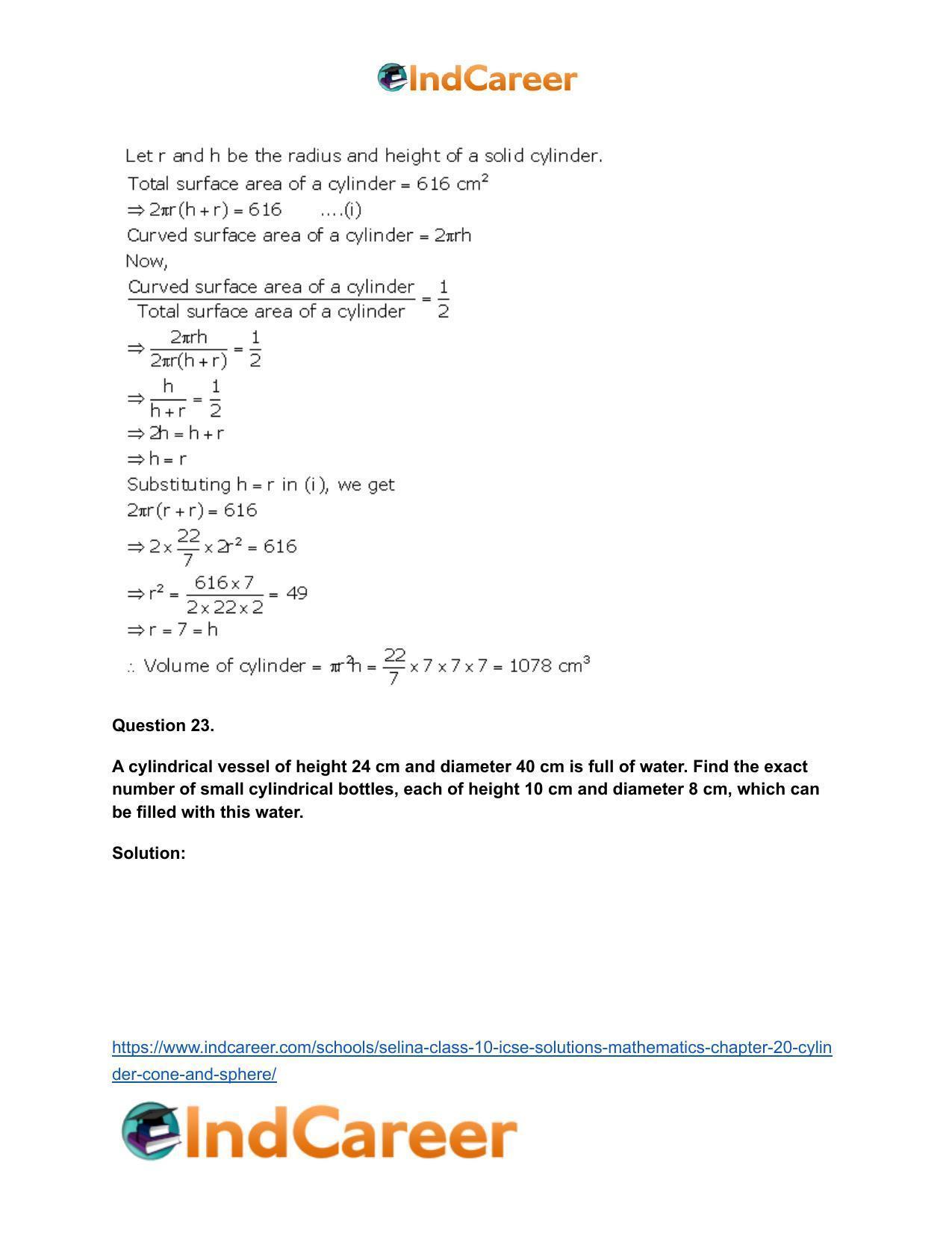 Selina Class 10 ICSE Solutions Mathematics : Chapter 20- Cylinder, Cone and Sphere - Page 22