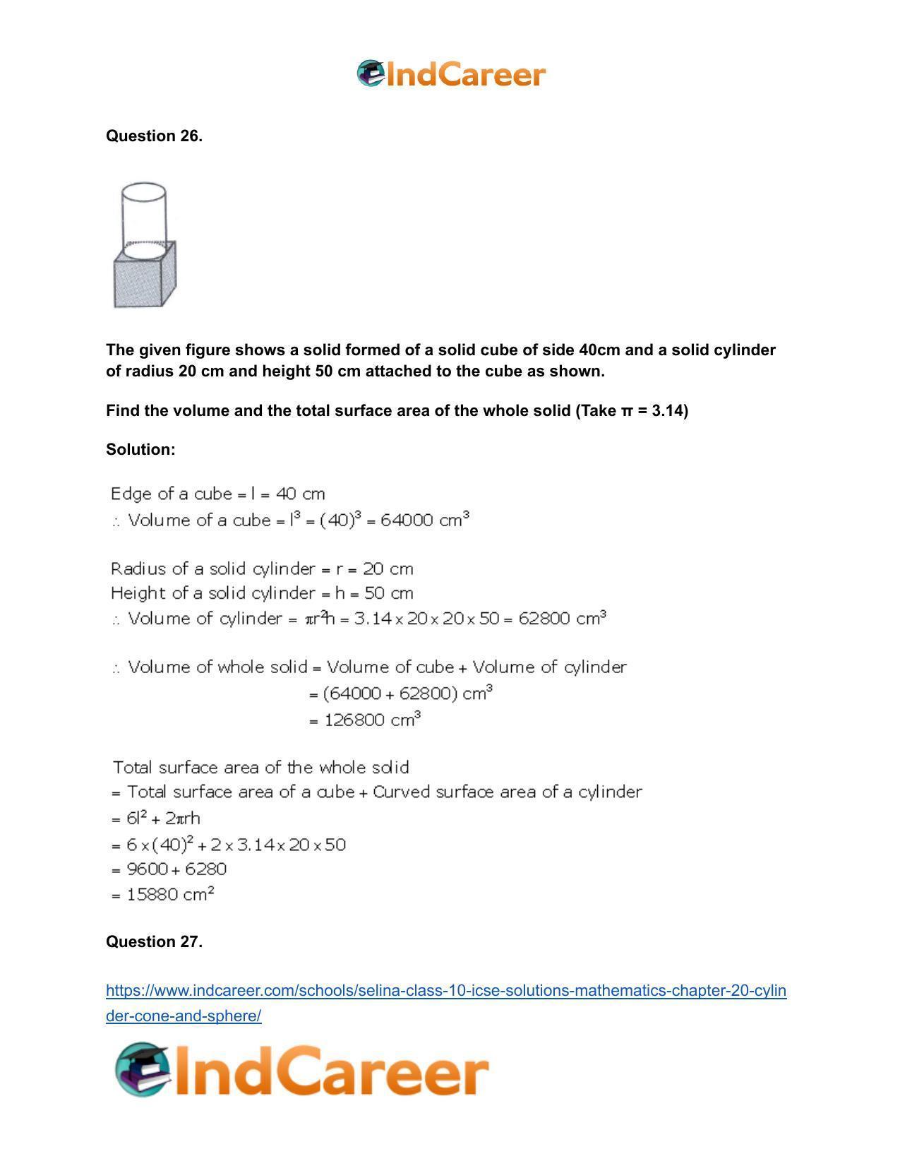 Selina Class 10 ICSE Solutions Mathematics : Chapter 20- Cylinder, Cone and Sphere - Page 26