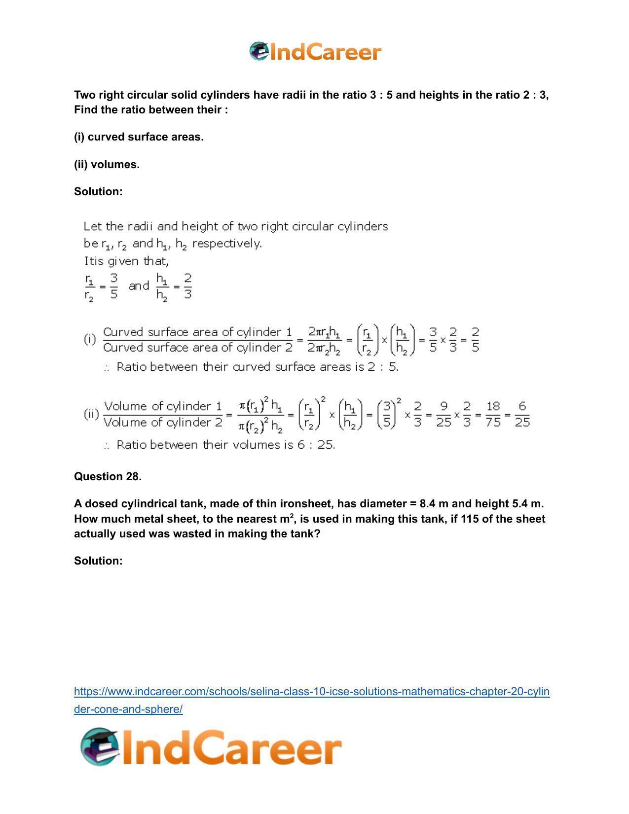 Selina Class 10 ICSE Solutions Mathematics : Chapter 20- Cylinder, Cone and Sphere - Page 27