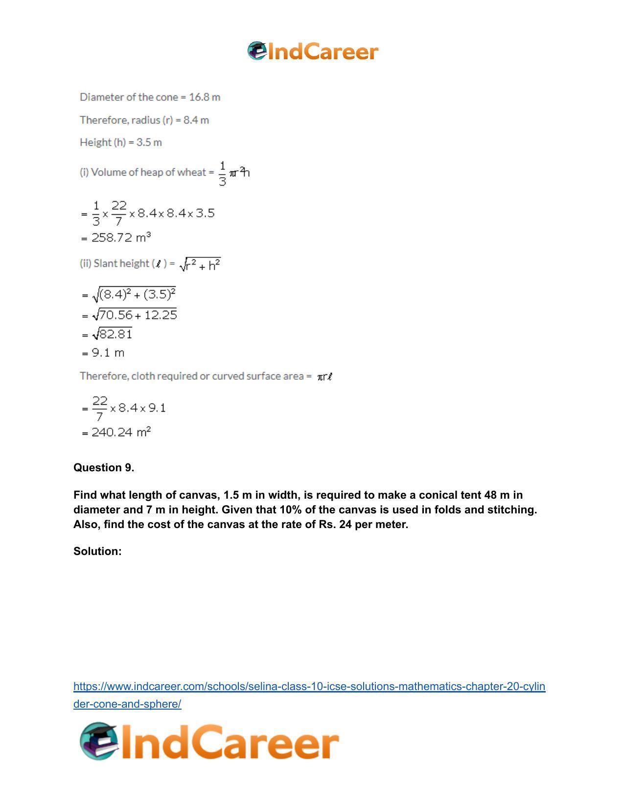 Selina Class 10 ICSE Solutions Mathematics : Chapter 20- Cylinder, Cone and Sphere - Page 36