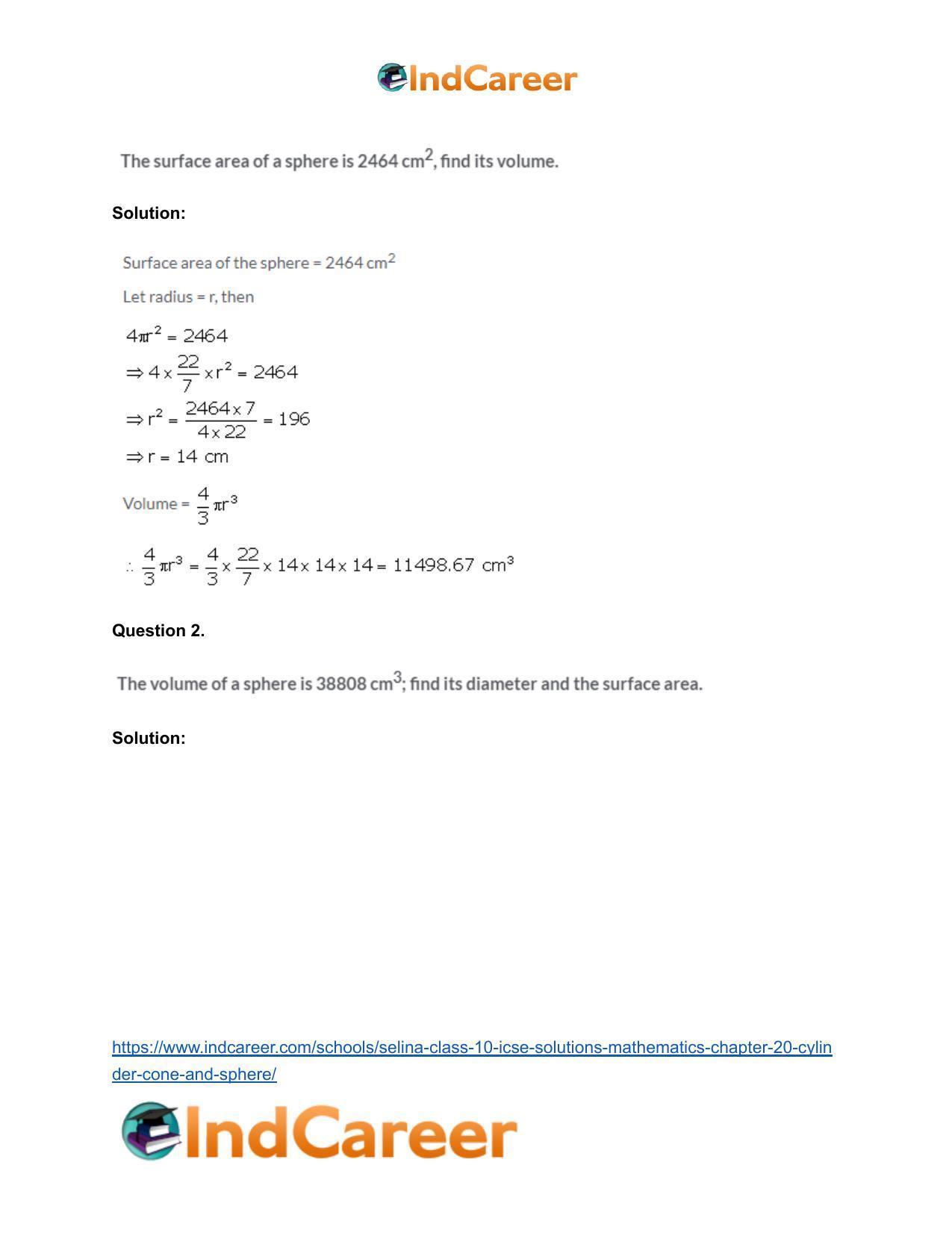 Selina Class 10 ICSE Solutions Mathematics : Chapter 20- Cylinder, Cone and Sphere - Page 45