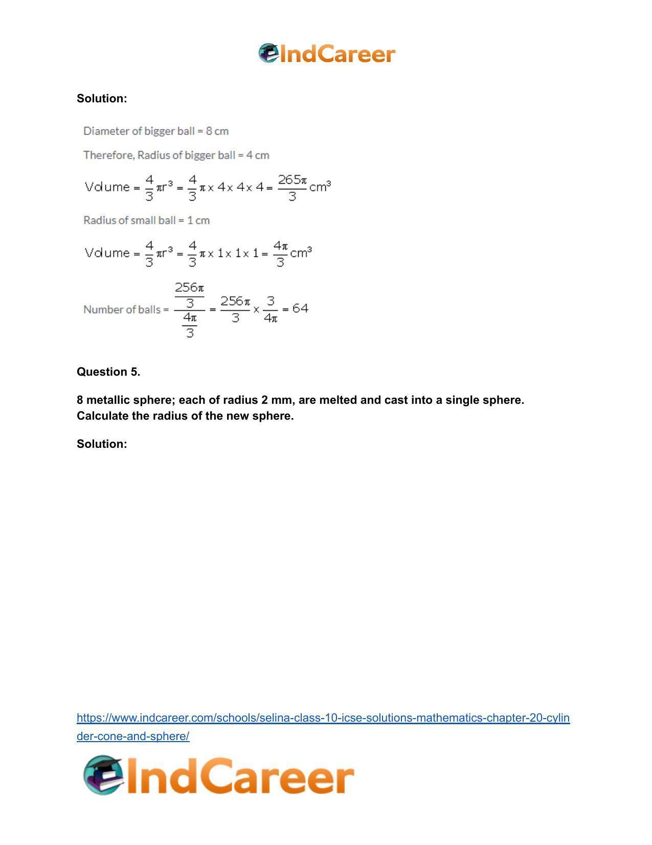 Selina Class 10 ICSE Solutions Mathematics : Chapter 20- Cylinder, Cone and Sphere - Page 47