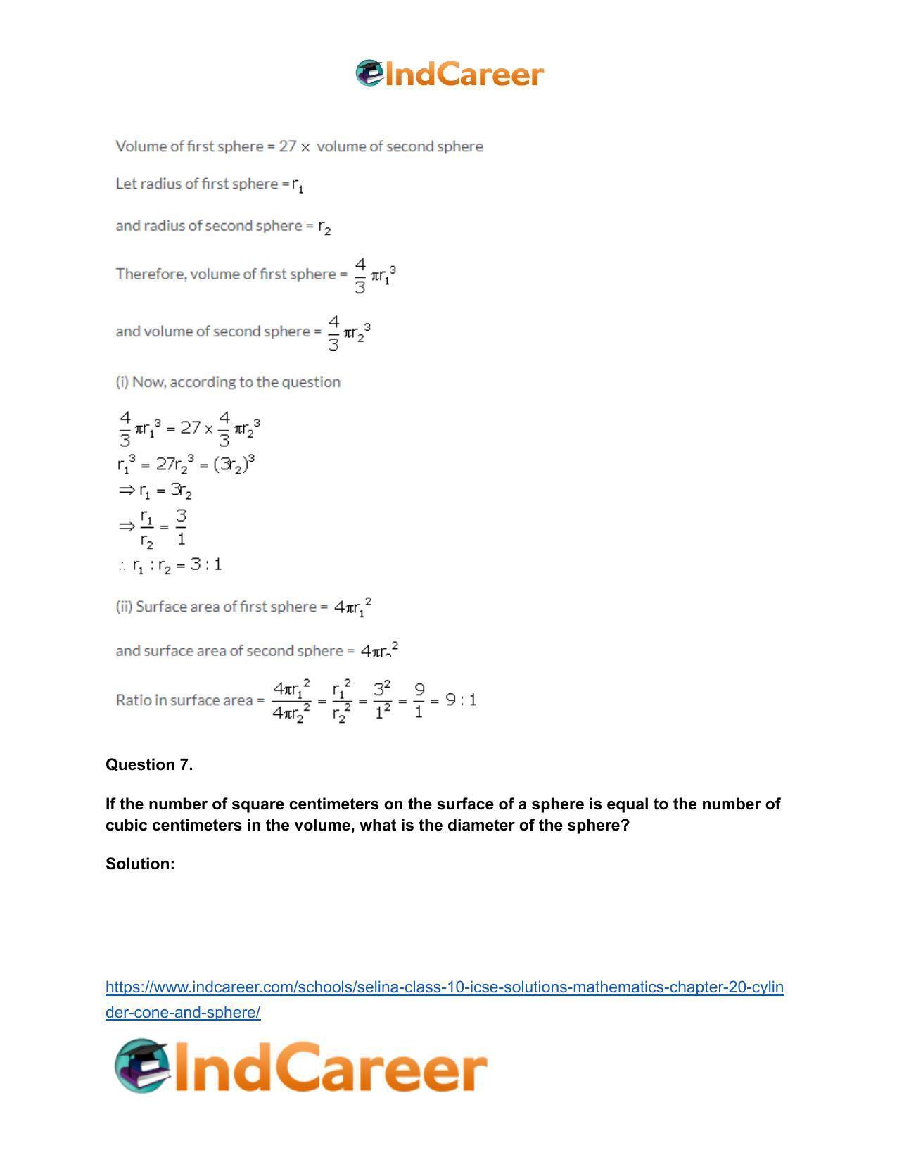 Selina Class 10 ICSE Solutions Mathematics : Chapter 20- Cylinder, Cone and Sphere - Page 49