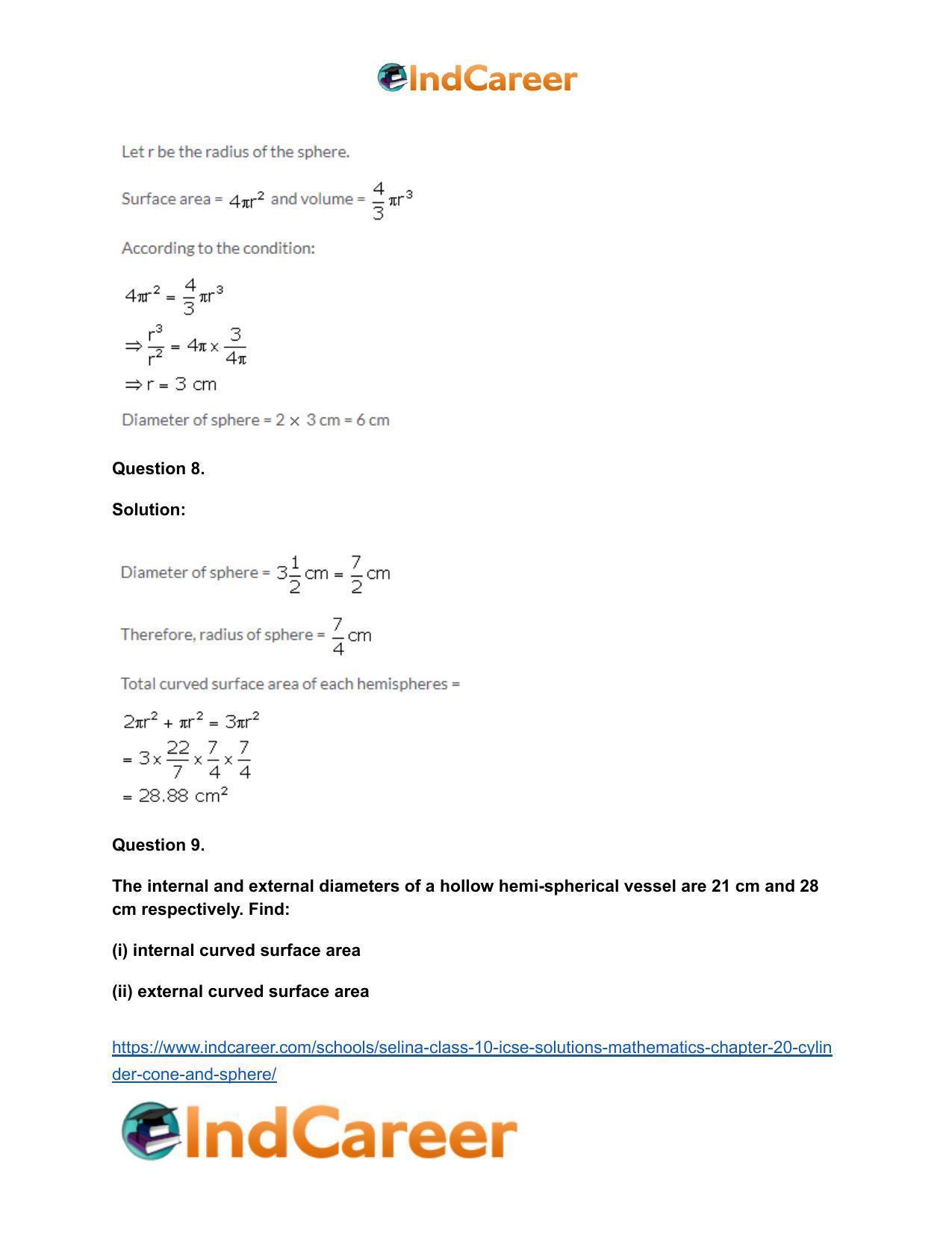 Selina Class 10 ICSE Solutions Mathematics : Chapter 20- Cylinder, Cone and Sphere - Page 50