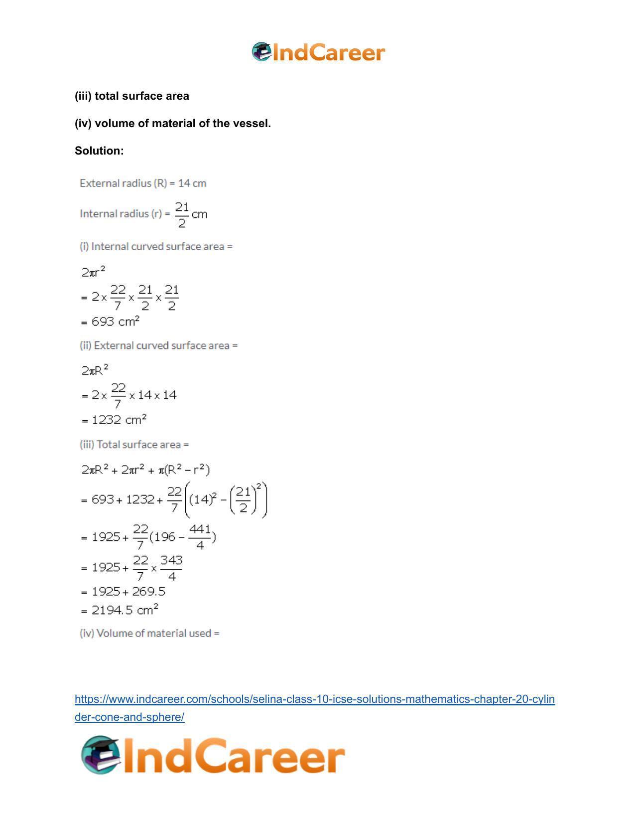Selina Class 10 ICSE Solutions Mathematics : Chapter 20- Cylinder, Cone and Sphere - Page 51