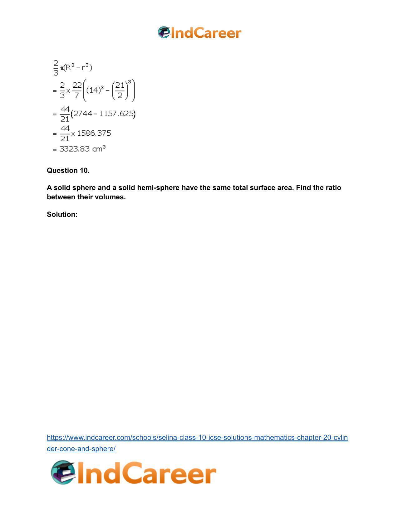 Selina Class 10 ICSE Solutions Mathematics : Chapter 20- Cylinder, Cone and Sphere - Page 52