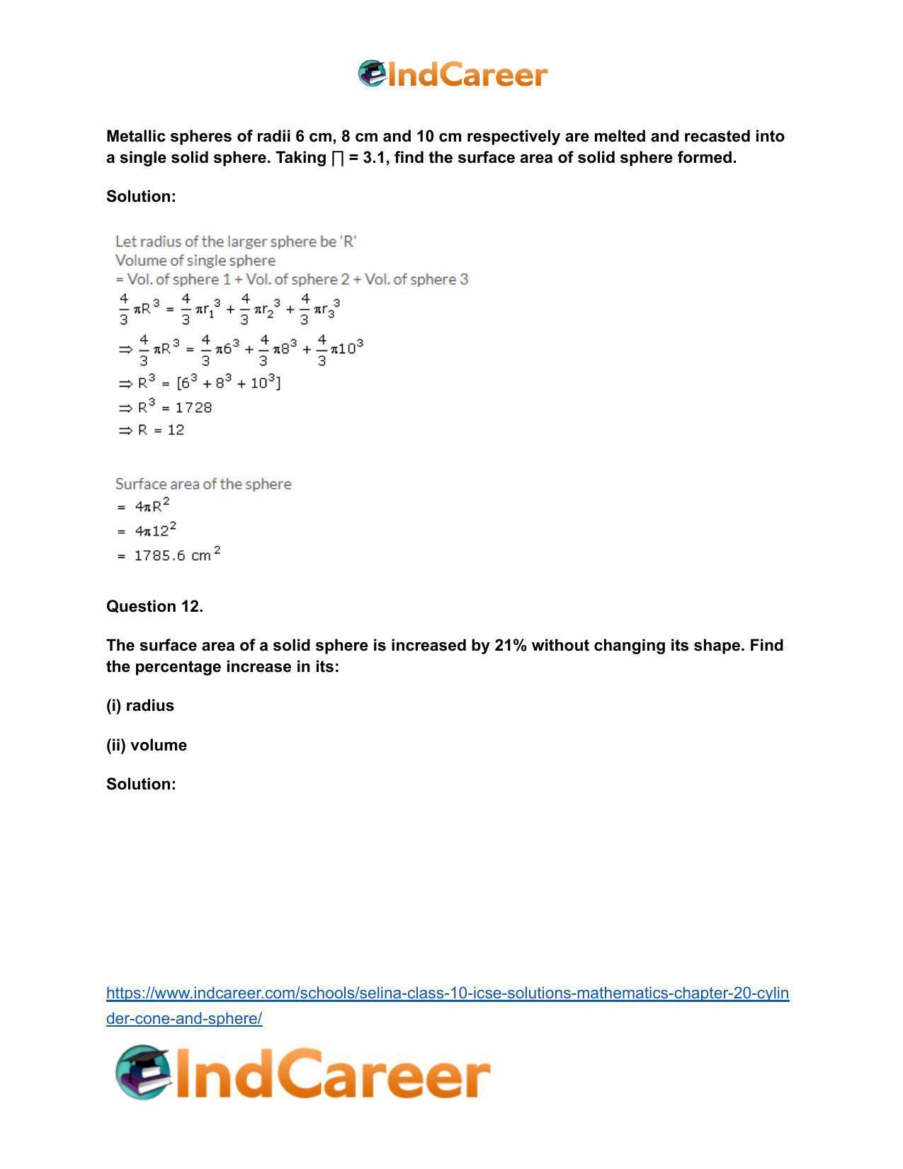 Selina Class 10 ICSE Solutions Mathematics : Chapter 20- Cylinder, Cone and Sphere - Page 54
