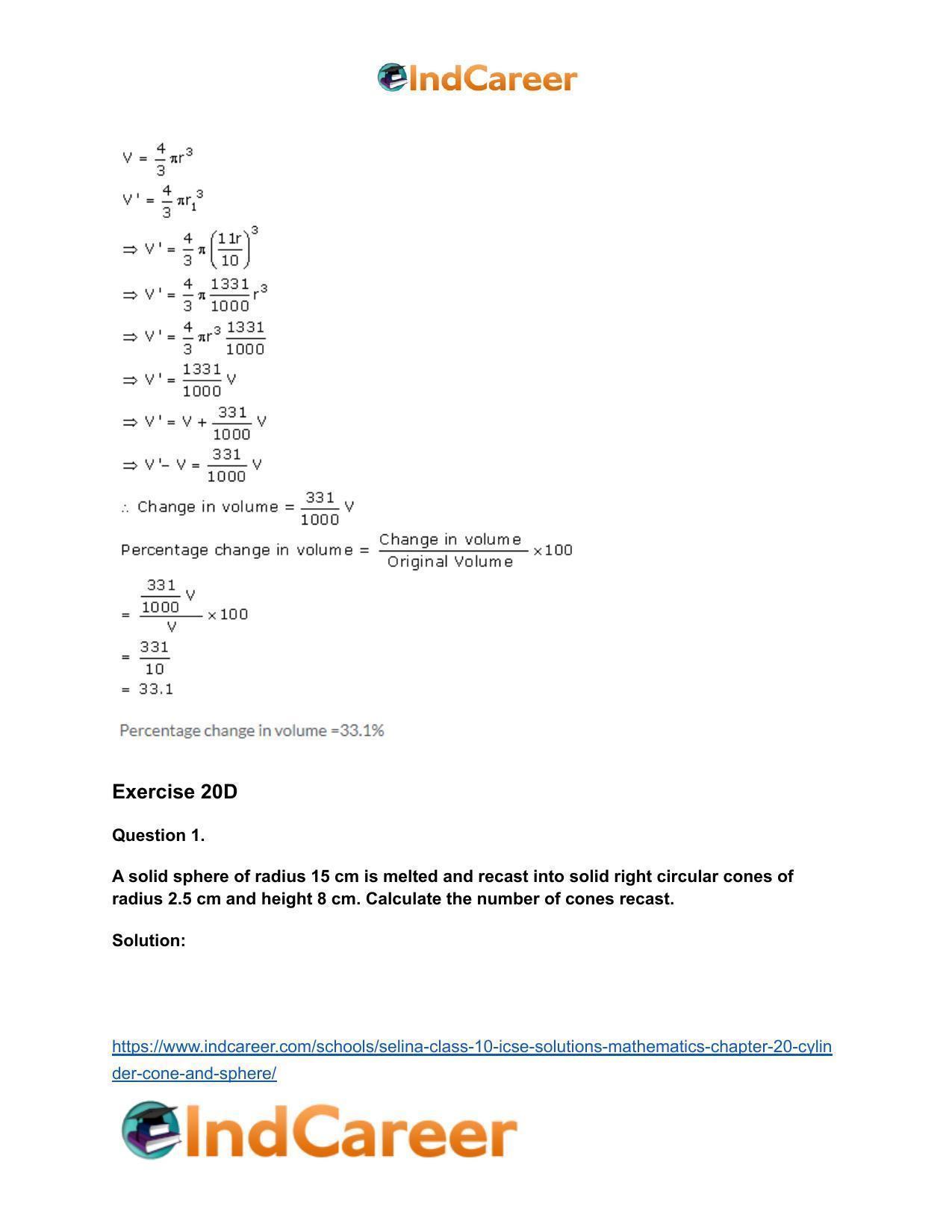 Selina Class 10 ICSE Solutions Mathematics : Chapter 20- Cylinder, Cone and Sphere - Page 56