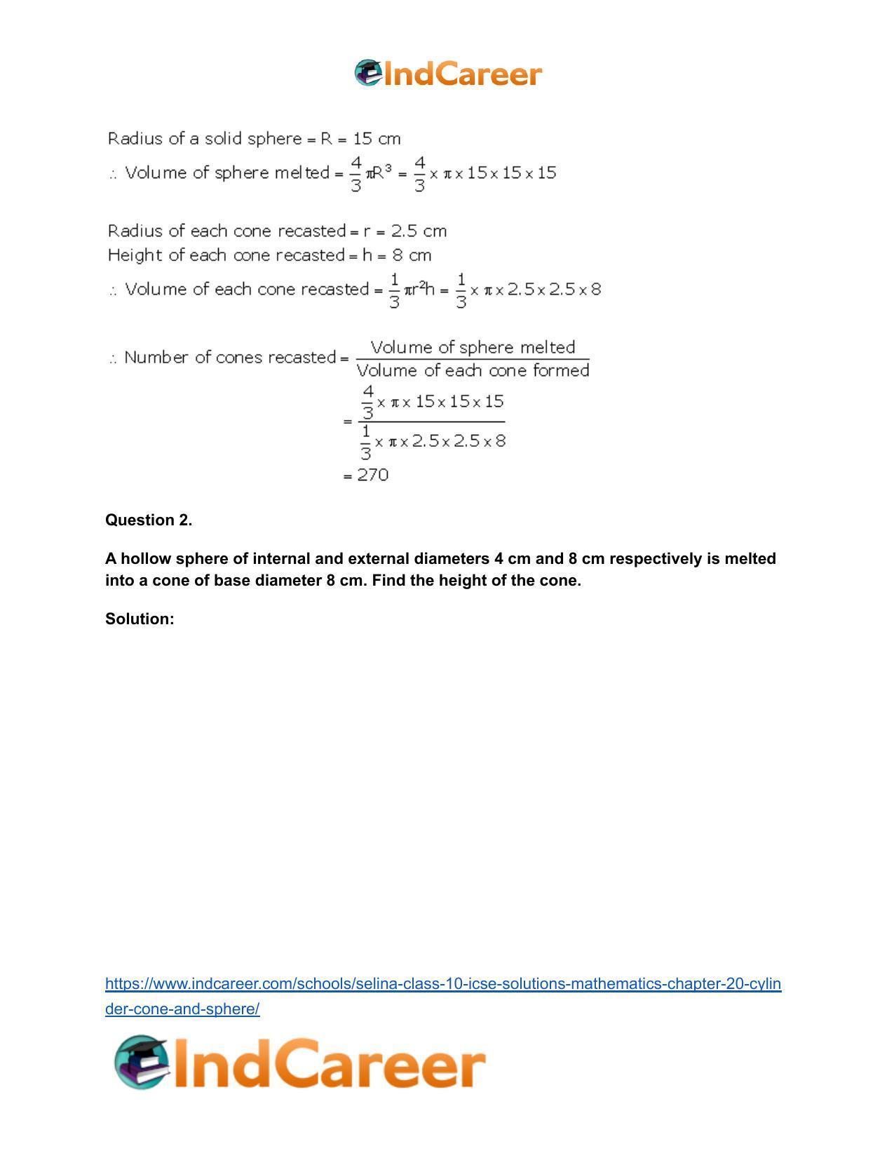 Selina Class 10 ICSE Solutions Mathematics : Chapter 20- Cylinder, Cone and Sphere - Page 57