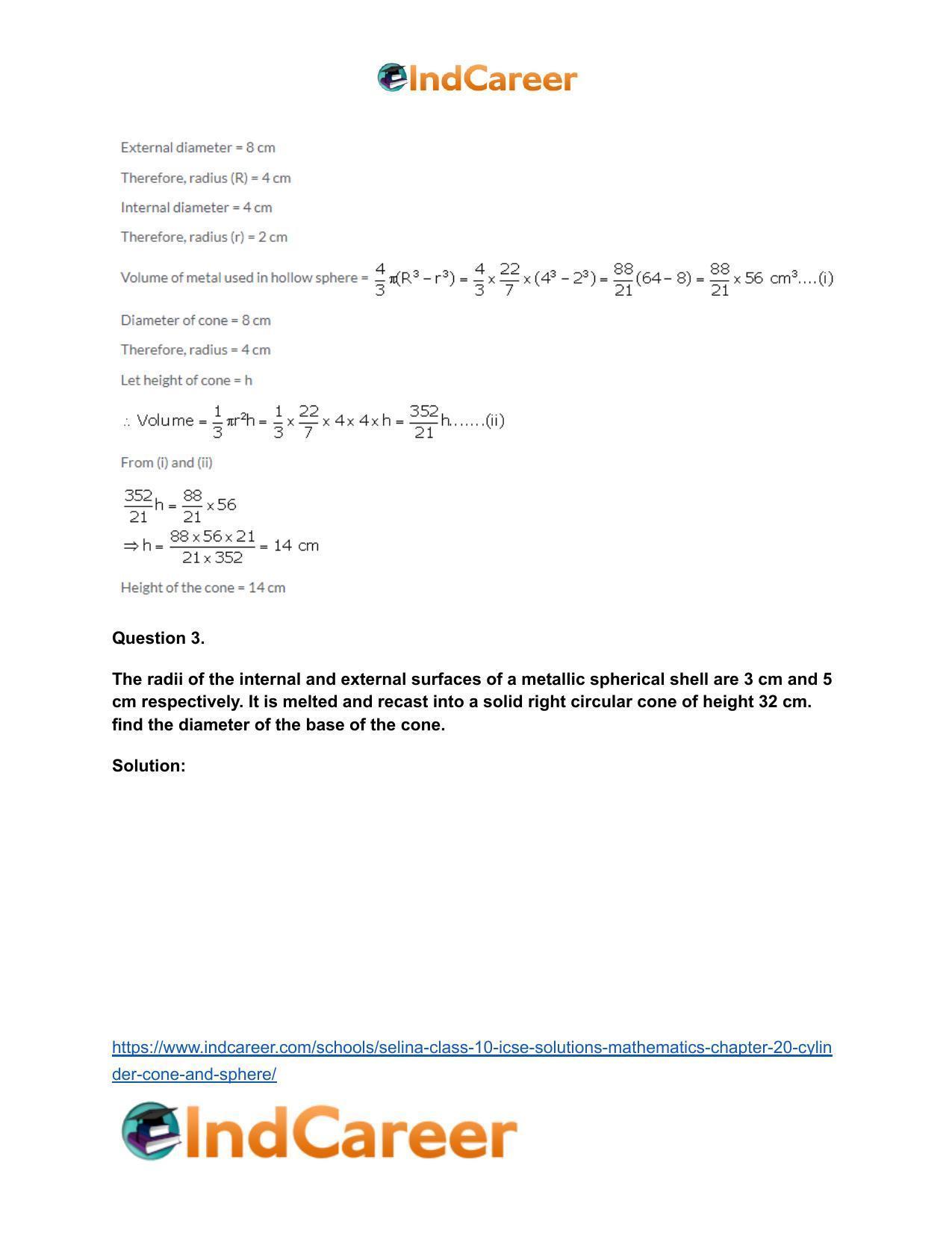 Selina Class 10 ICSE Solutions Mathematics : Chapter 20- Cylinder, Cone and Sphere - Page 58