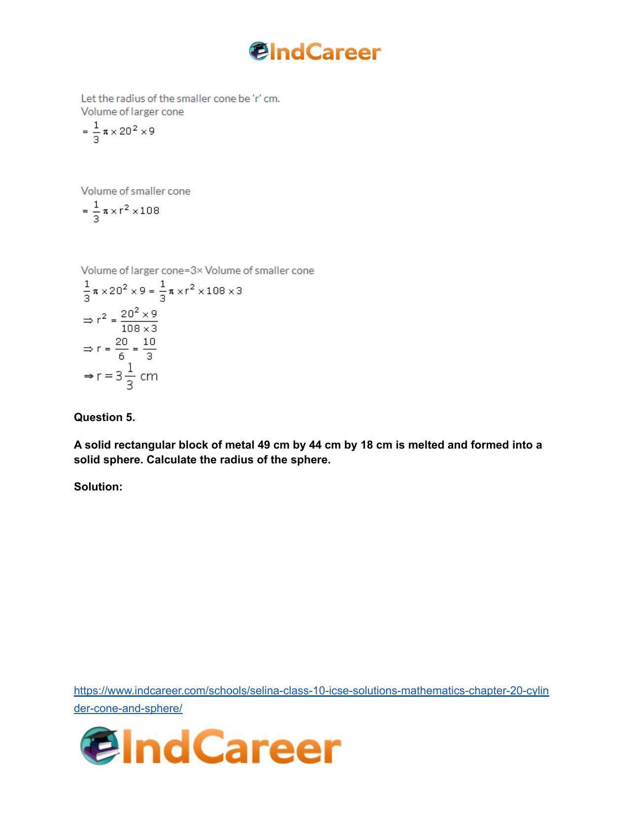 Selina Class 10 ICSE Solutions Mathematics : Chapter 20- Cylinder, Cone and Sphere - Page 60