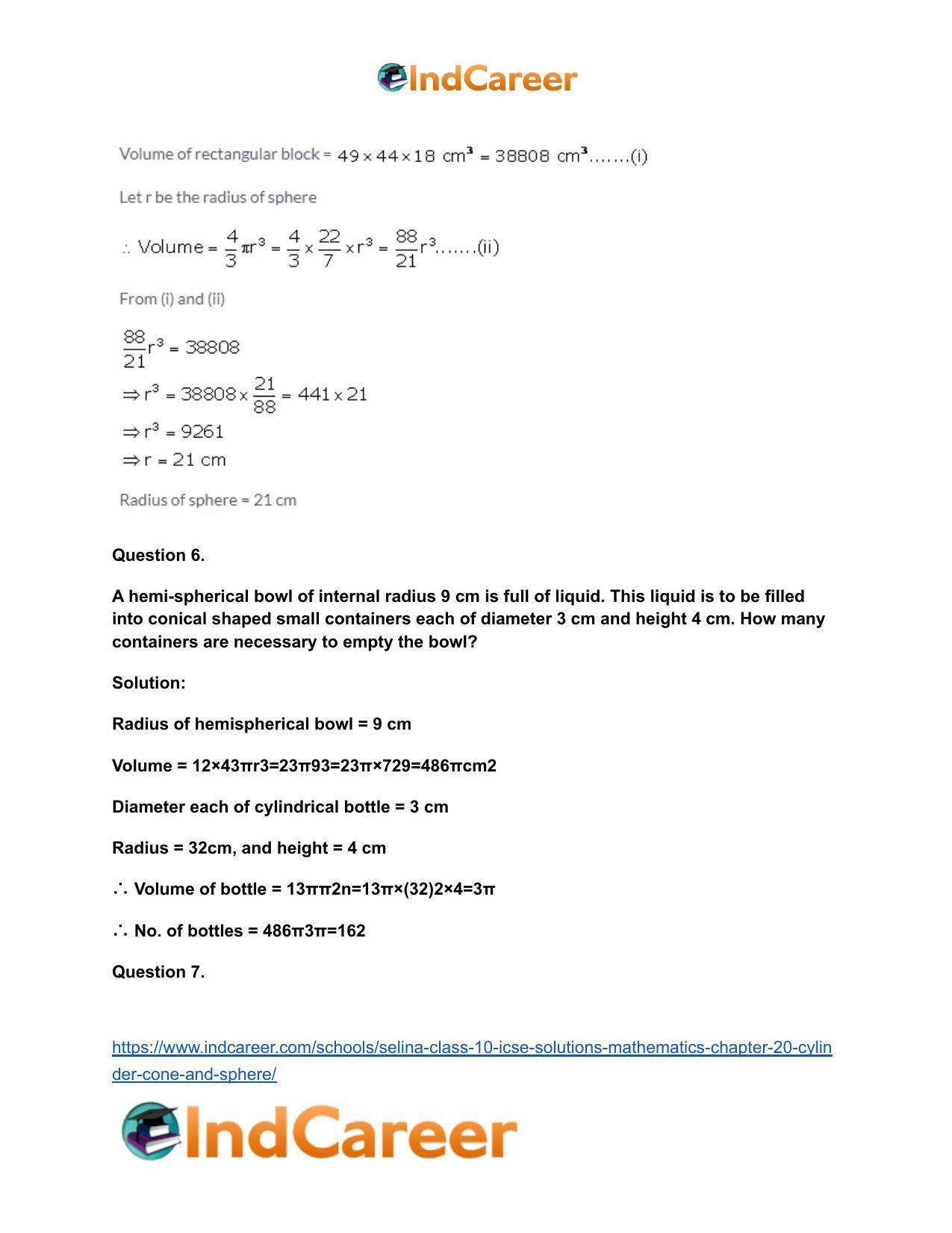 Selina Class 10 ICSE Solutions Mathematics : Chapter 20- Cylinder, Cone and Sphere - Page 61