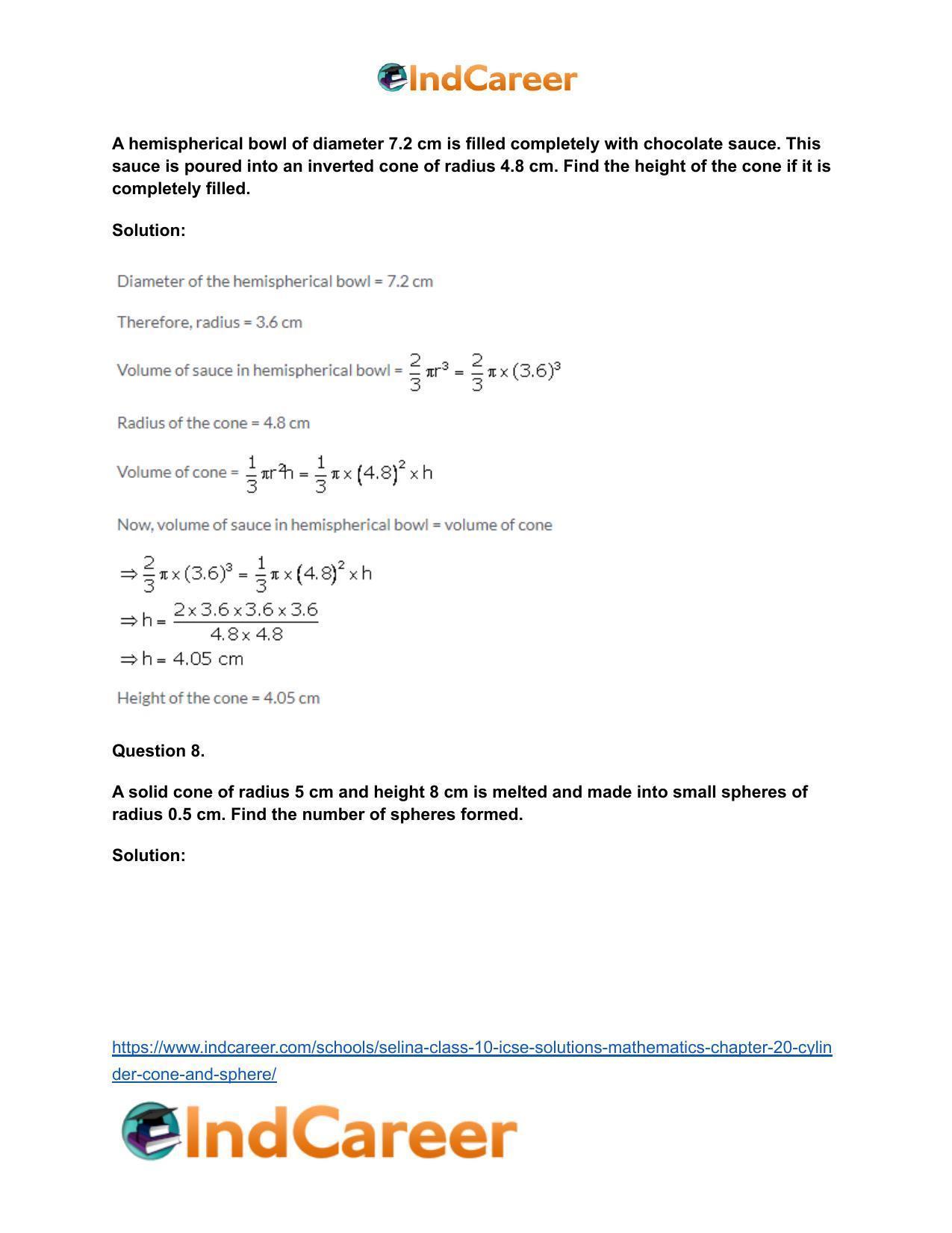 Selina Class 10 ICSE Solutions Mathematics : Chapter 20- Cylinder, Cone and Sphere - Page 62
