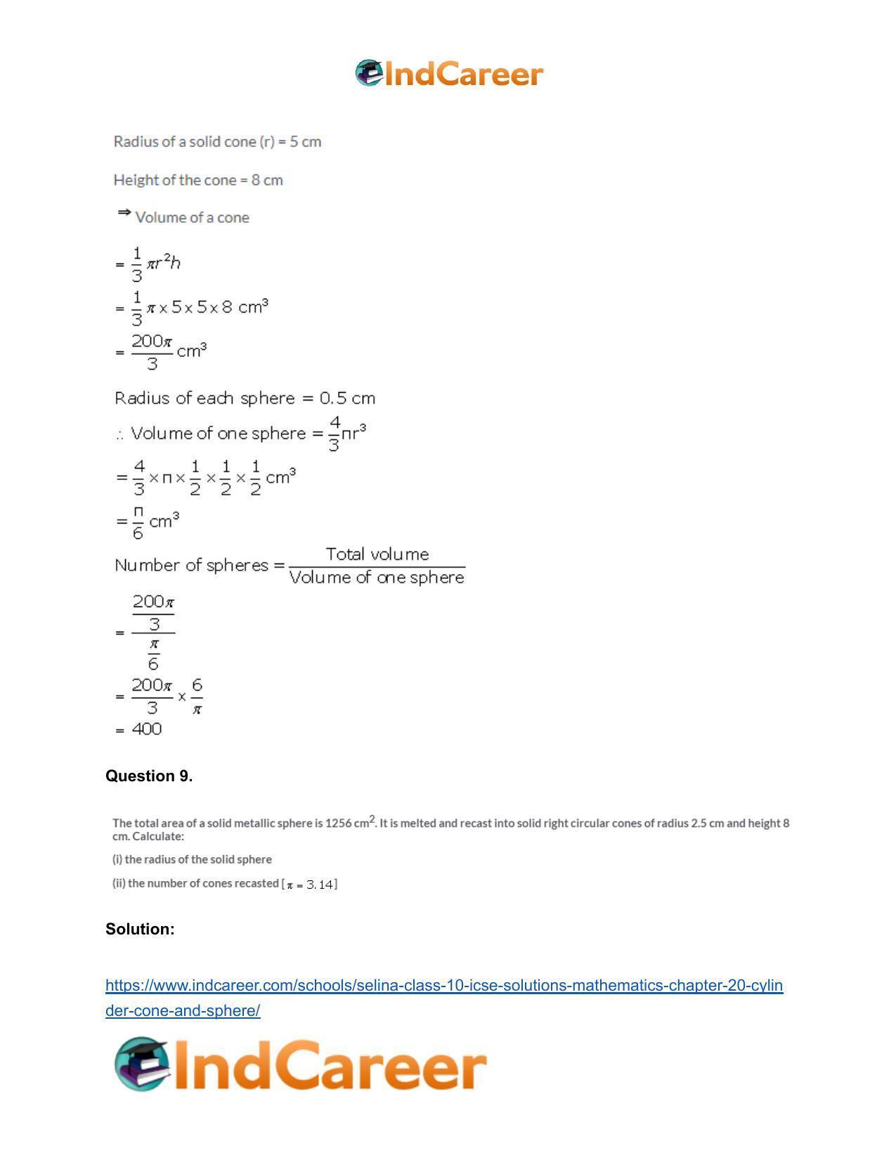 Selina Class 10 ICSE Solutions Mathematics : Chapter 20- Cylinder, Cone and Sphere - Page 63