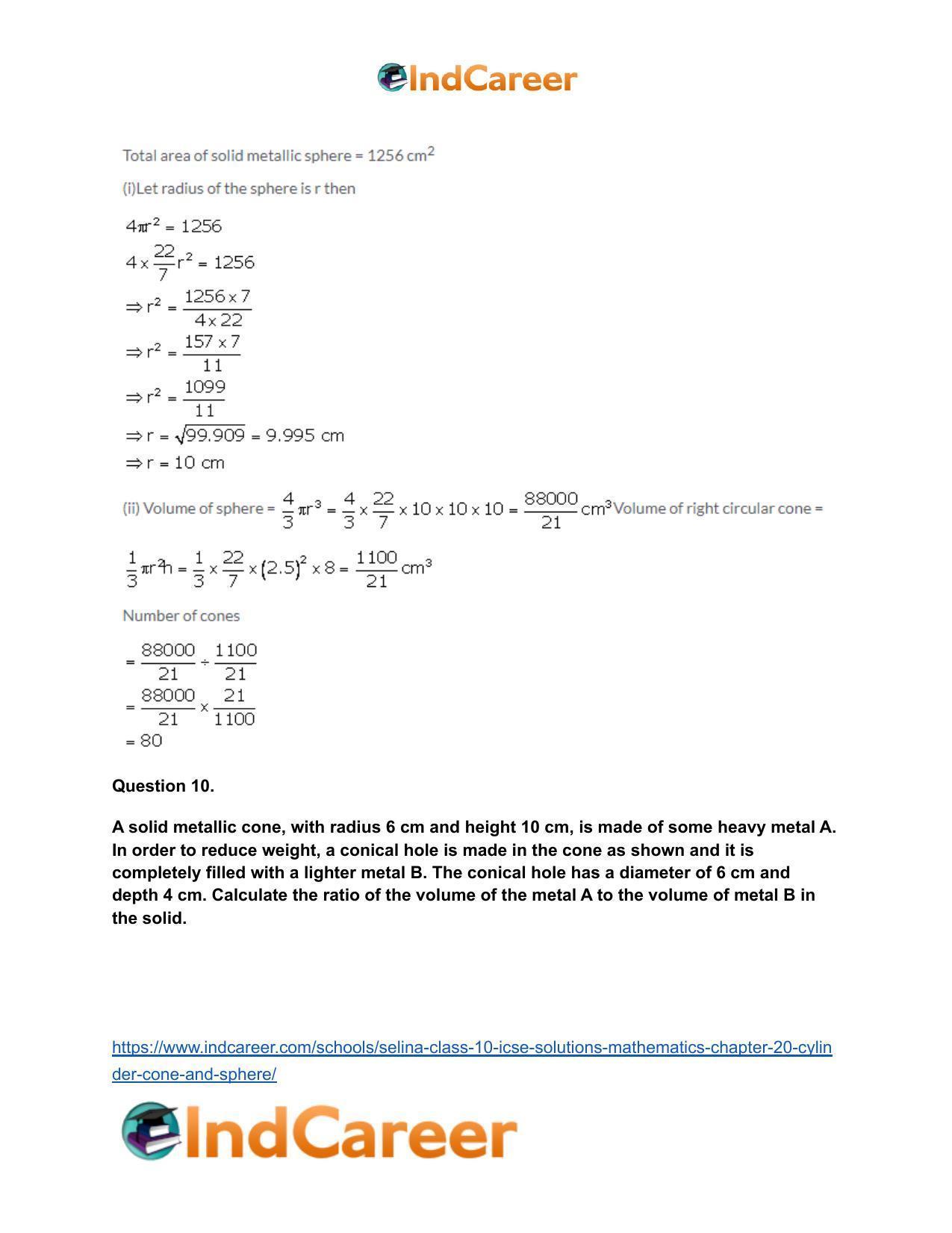 Selina Class 10 ICSE Solutions Mathematics : Chapter 20- Cylinder, Cone and Sphere - Page 64