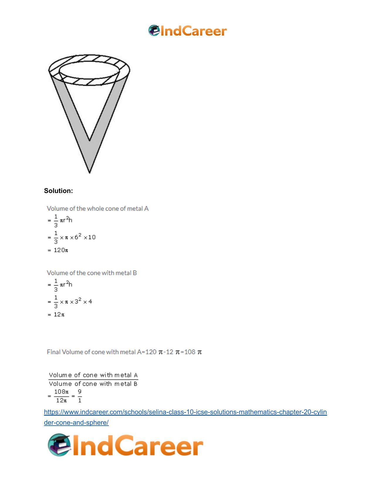 Selina Class 10 ICSE Solutions Mathematics : Chapter 20- Cylinder, Cone and Sphere - Page 65