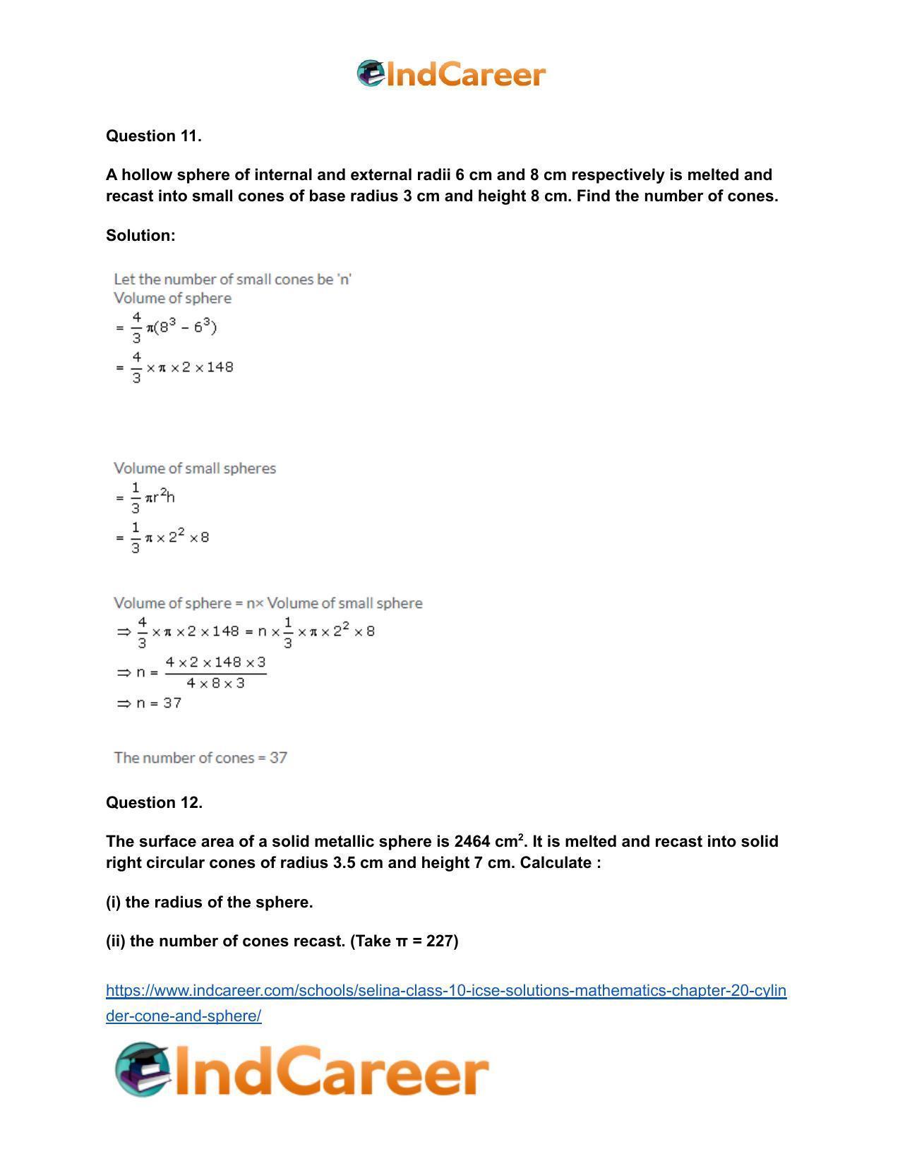 Selina Class 10 ICSE Solutions Mathematics : Chapter 20- Cylinder, Cone and Sphere - Page 66