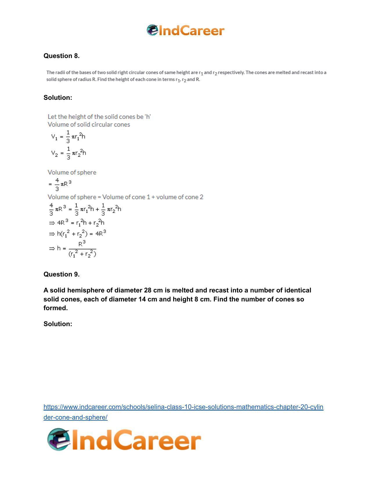 Selina Class 10 ICSE Solutions Mathematics : Chapter 20- Cylinder, Cone and Sphere - Page 75