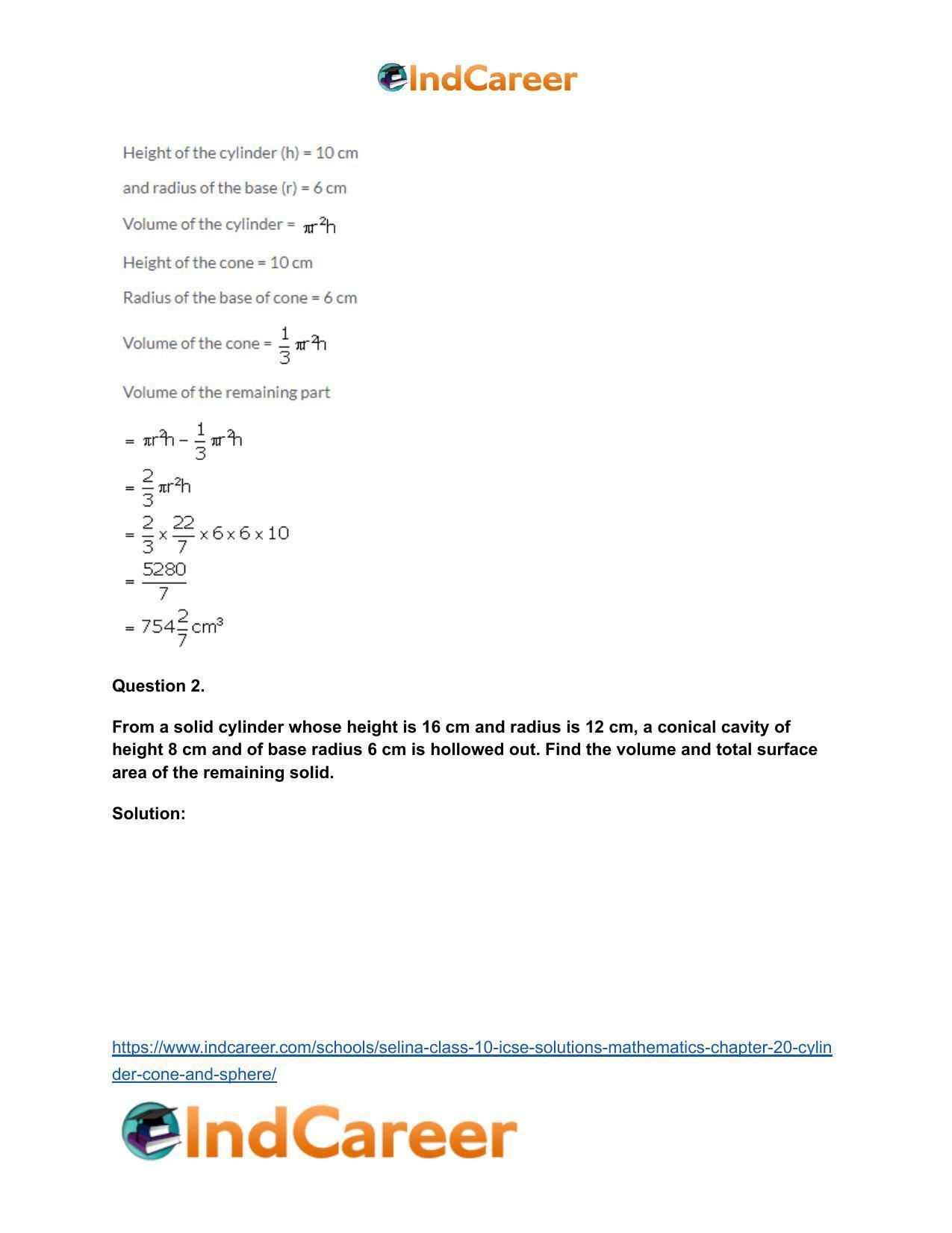 Selina Class 10 ICSE Solutions Mathematics : Chapter 20- Cylinder, Cone and Sphere - Page 78