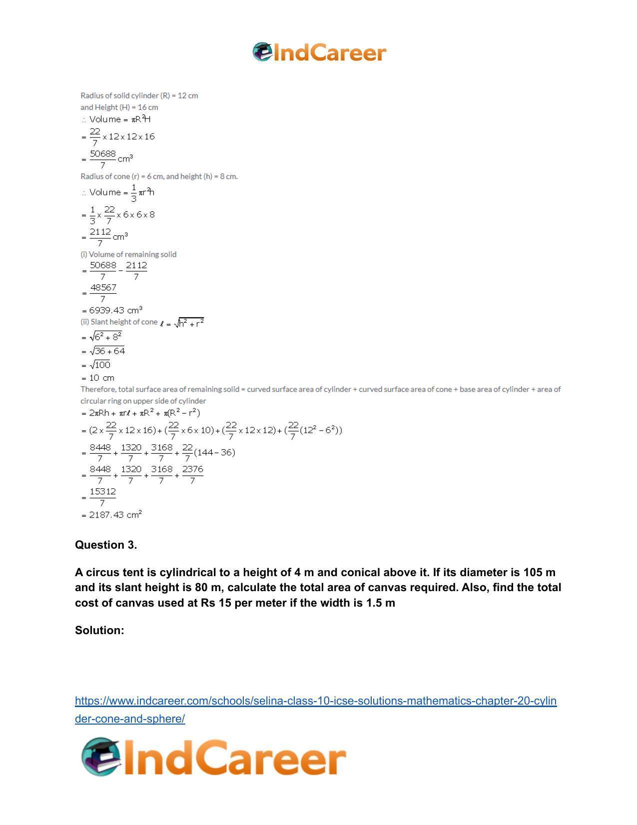 Selina Class 10 ICSE Solutions Mathematics : Chapter 20- Cylinder, Cone and Sphere - Page 80