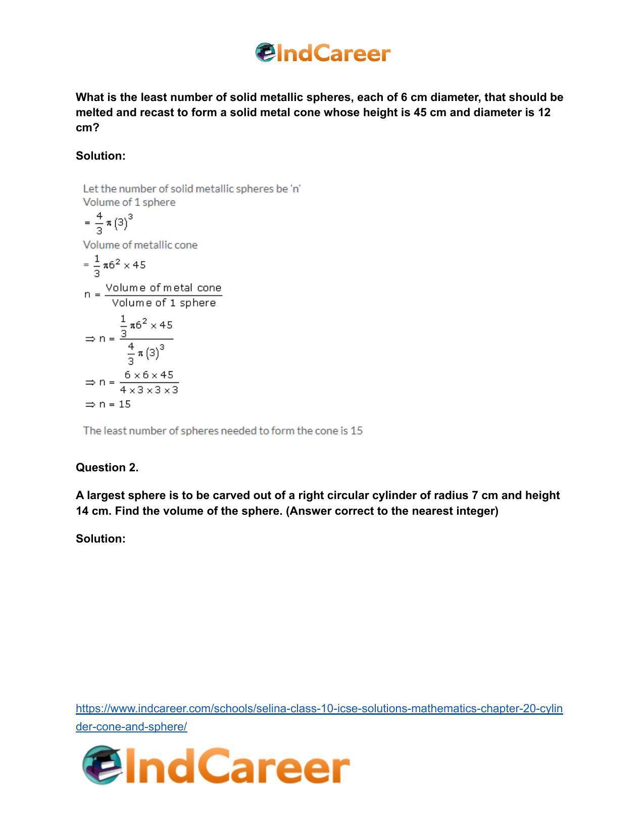 Selina Class 10 ICSE Solutions Mathematics : Chapter 20- Cylinder, Cone and Sphere - Page 99