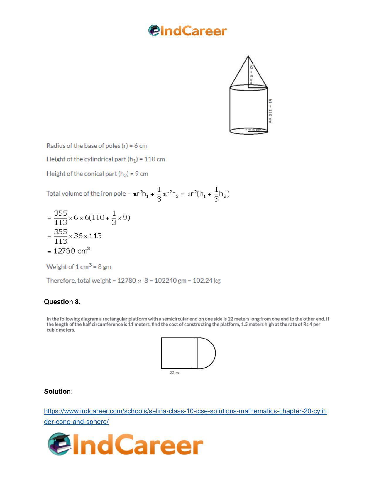 Selina Class 10 ICSE Solutions Mathematics : Chapter 20- Cylinder, Cone and Sphere - Page 103