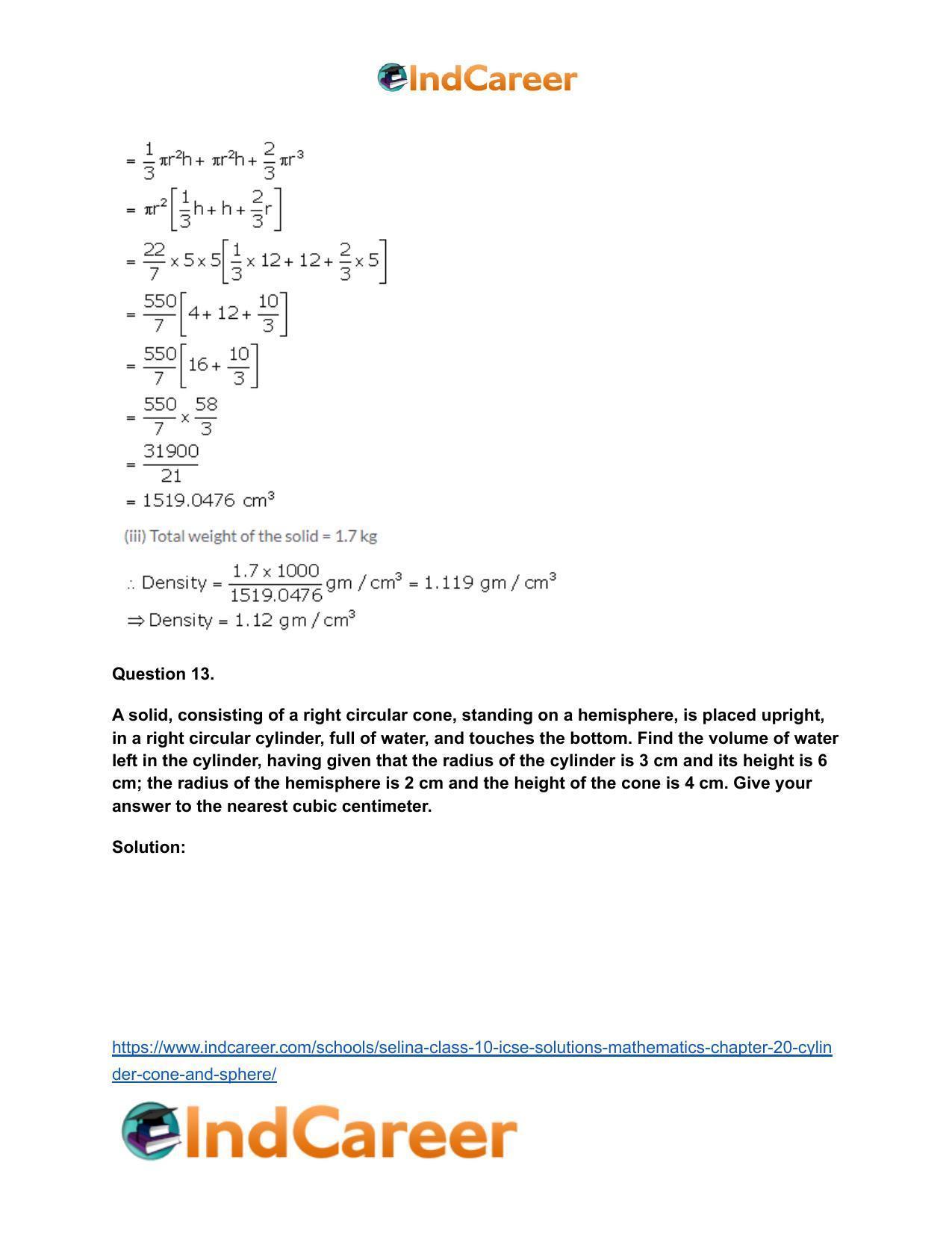 Selina Class 10 ICSE Solutions Mathematics : Chapter 20- Cylinder, Cone and Sphere - Page 111
