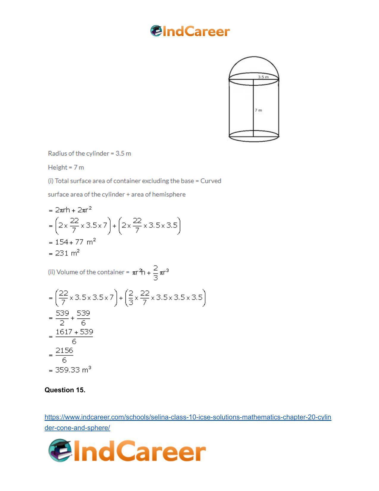 Selina Class 10 ICSE Solutions Mathematics : Chapter 20- Cylinder, Cone and Sphere - Page 115
