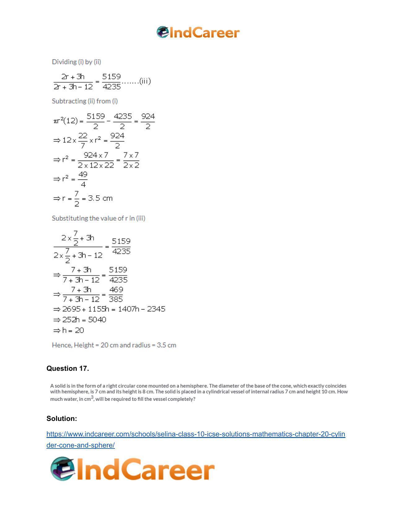 Selina Class 10 ICSE Solutions Mathematics : Chapter 20- Cylinder, Cone and Sphere - Page 120