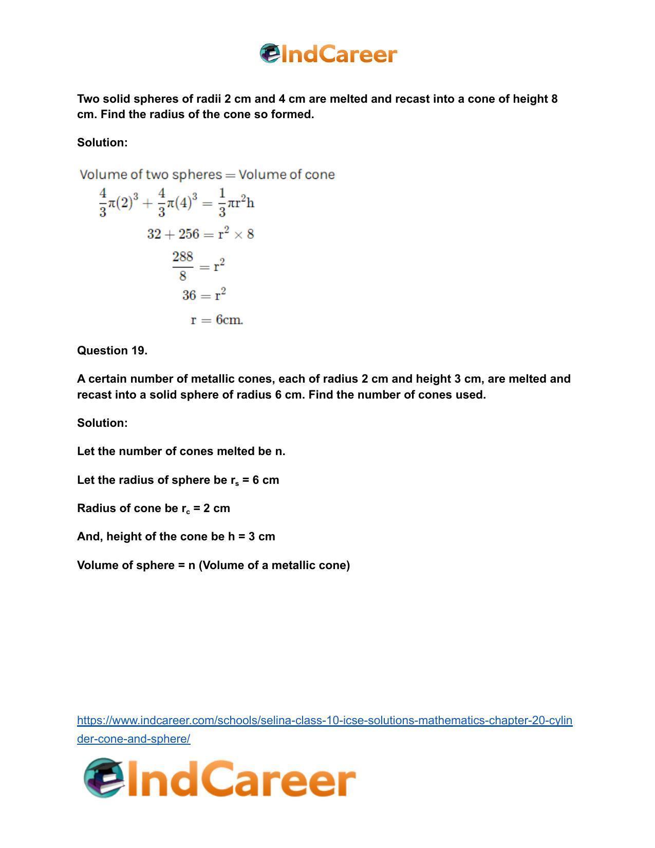 Selina Class 10 ICSE Solutions Mathematics : Chapter 20- Cylinder, Cone and Sphere - Page 122