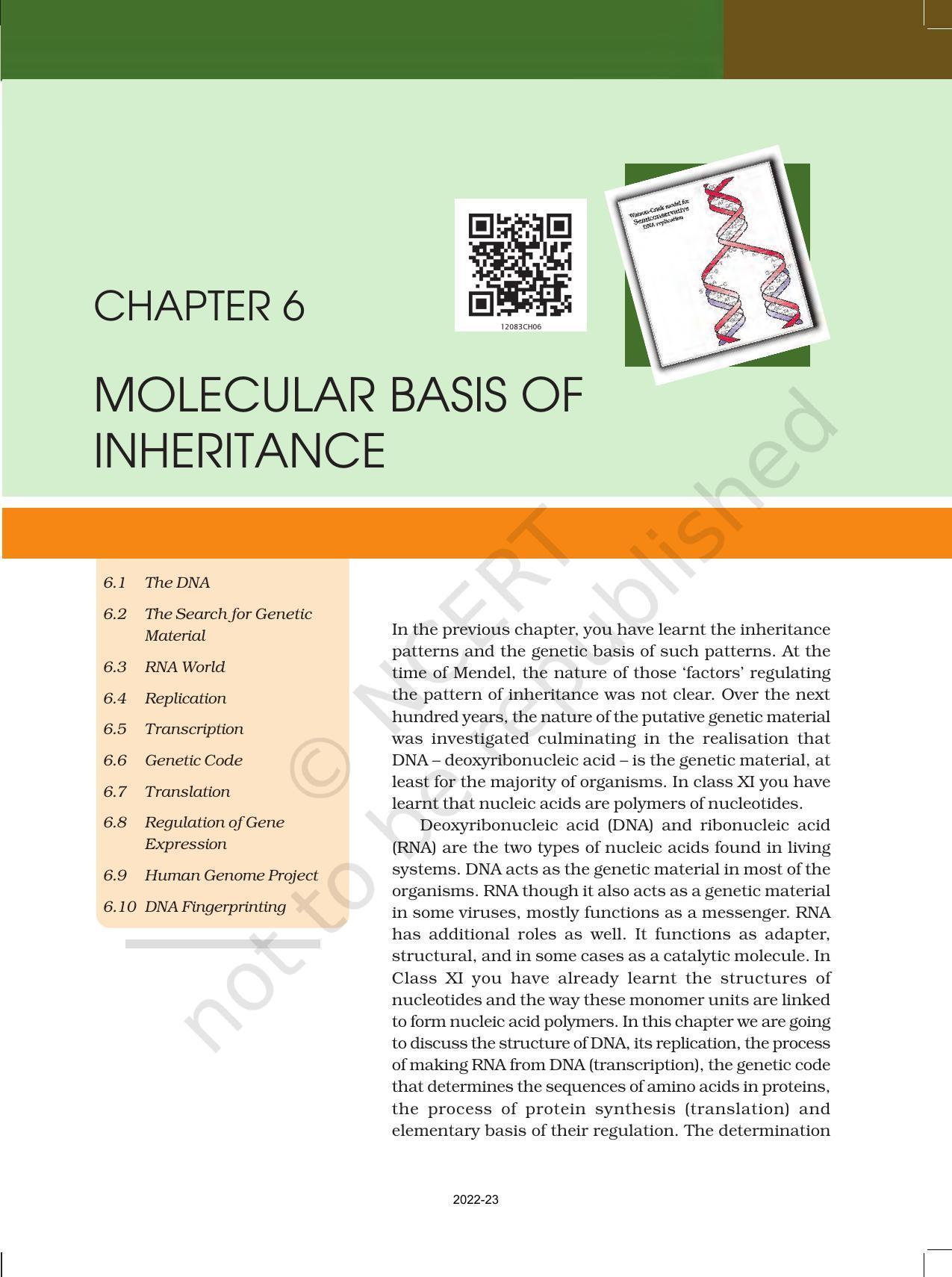 NCERT Book for Class 12 Biology Chapter 6 Molecular Basis of Inheritance - Page 1