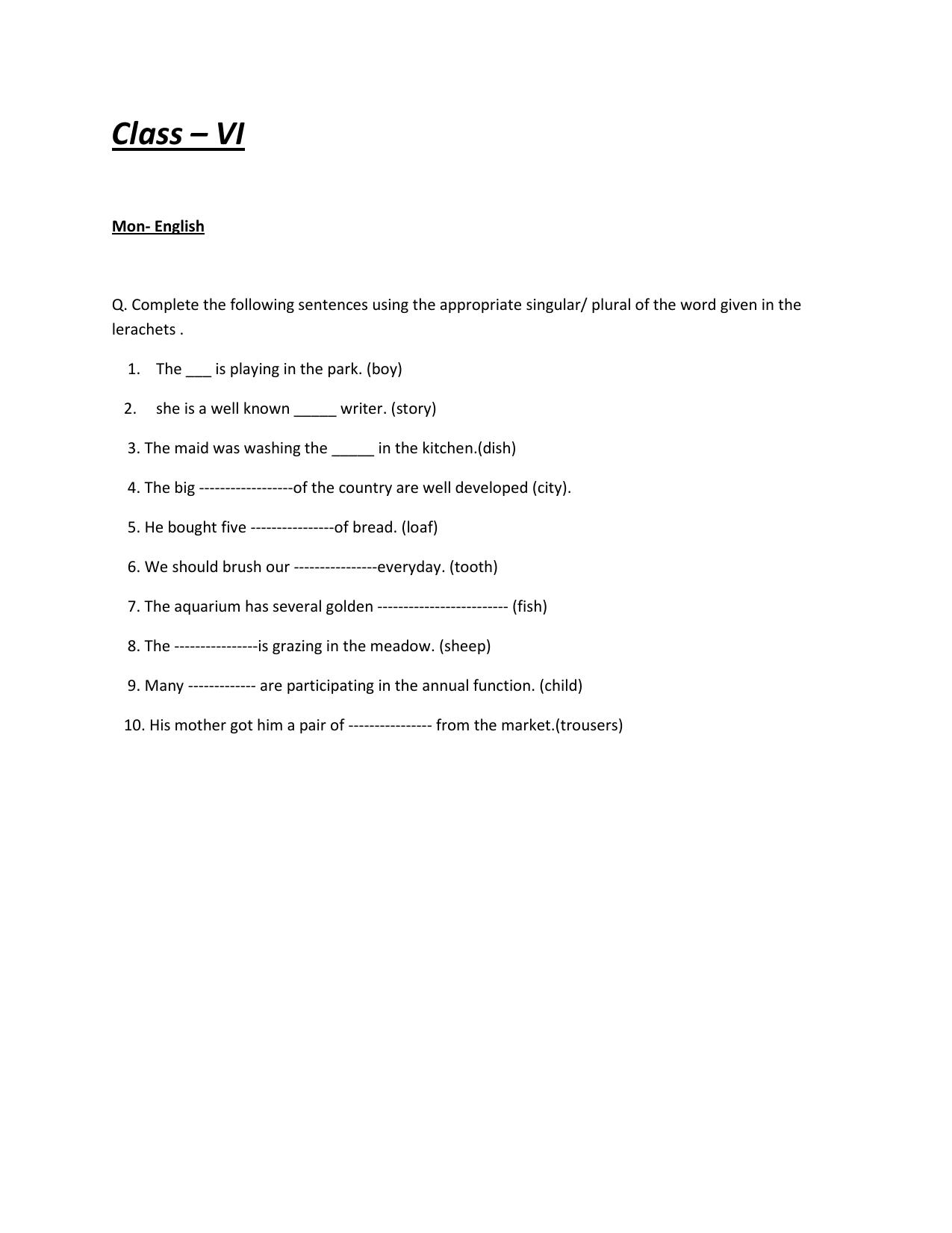 CBSE Worksheets for Class 6 English Singular Plural Assignment - Page 1