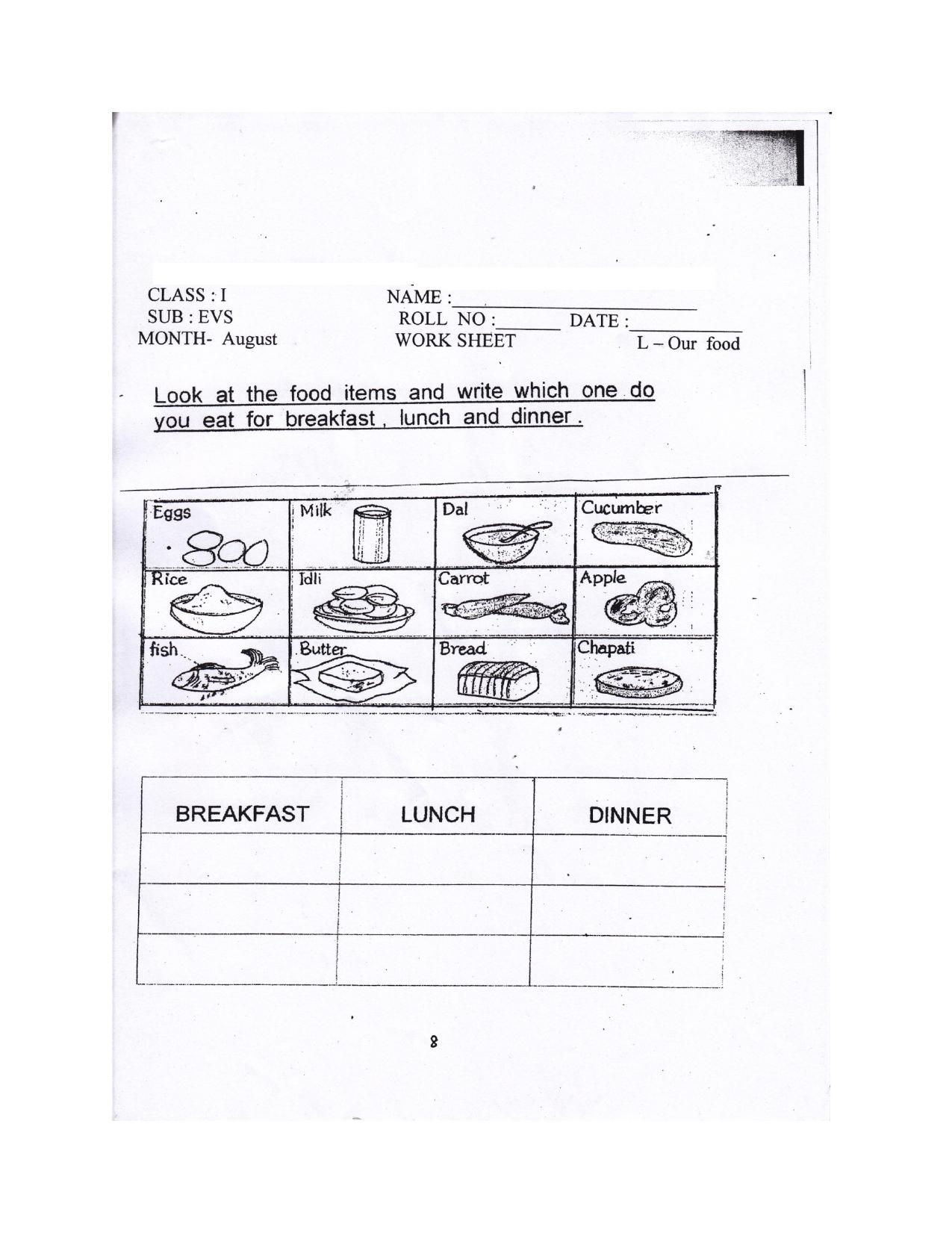 Worksheet for Class 1 EVS Our Food Assignment 3 - Page 1
