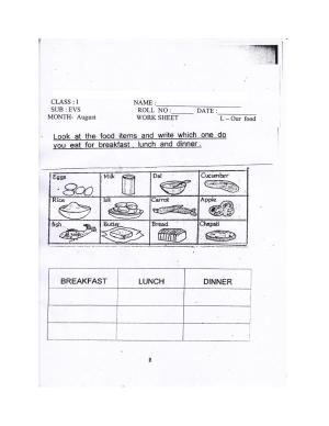 Worksheet for Class 1 EVS Our Food Assignment 3