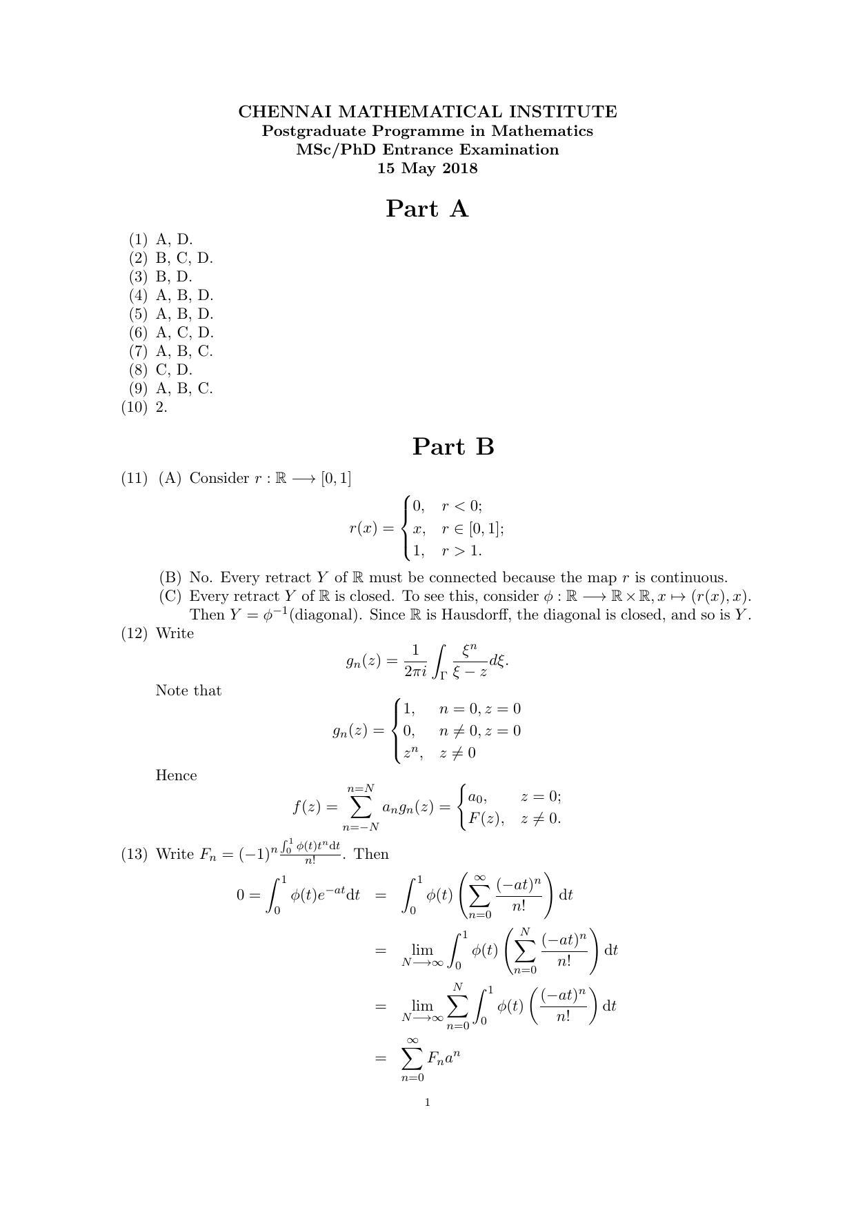 CMI Entrance Exam 2018 Solutions MSc/PhD Mathematics - Page 1