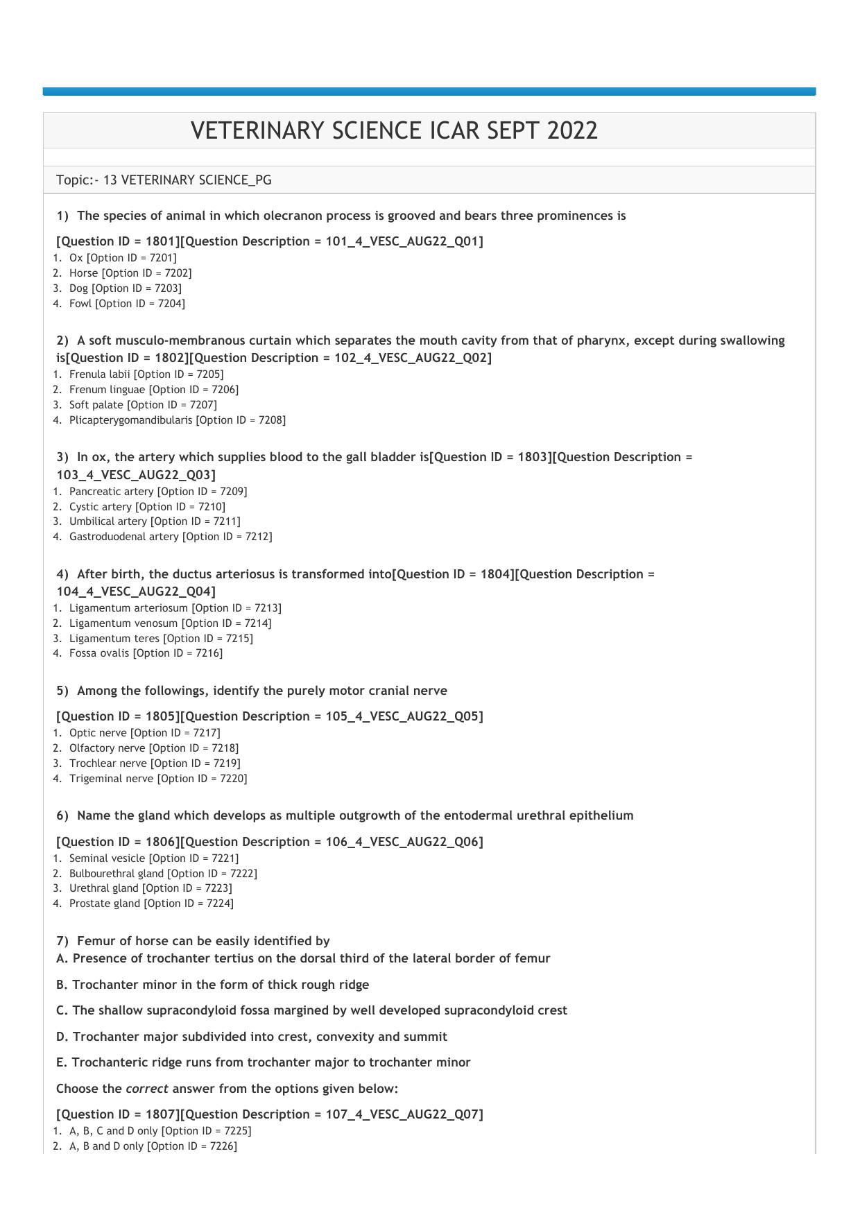 ICAR AIEEA PG 2022 VETERINARY SCIENCE Question Paper - Page 1