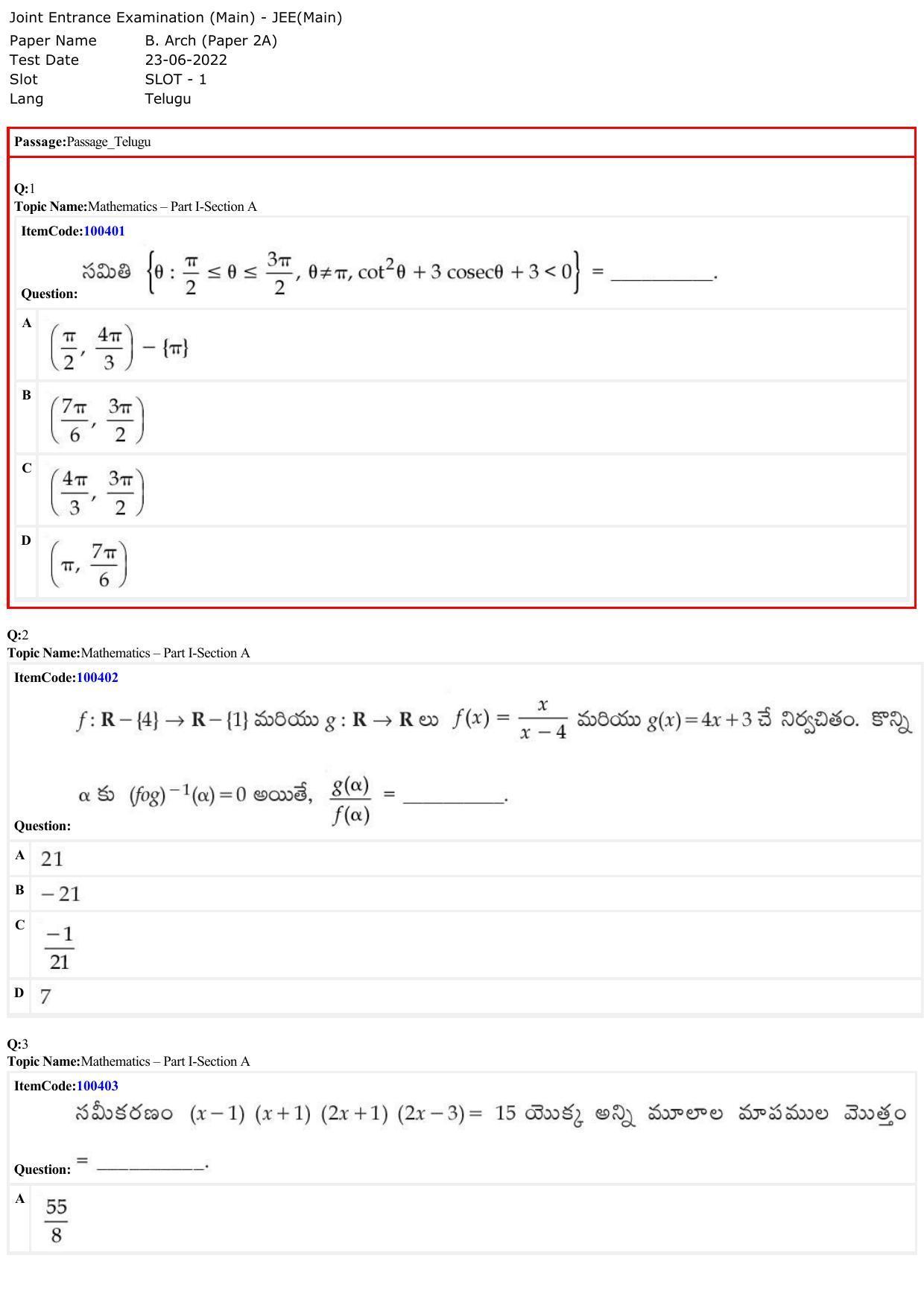 JEE Mains 2022: B Arch & B Planning Telugu (Shift 1) 23-06-2022 Question Paper - Page 1
