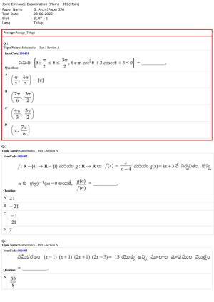JEE Mains 2022: B Arch & B Planning Telugu (Shift 1) 23-06-2022 Question Paper