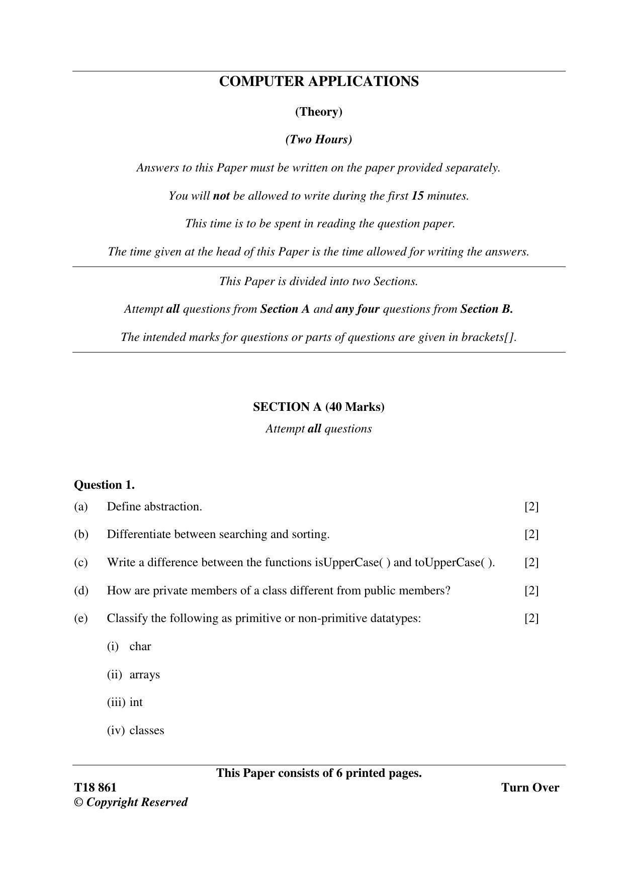 ICSE Class 10 Computer Applications 2018 Question Paper - Page 1