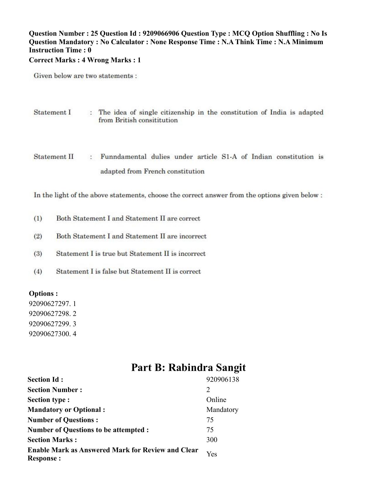 CUET PG 2023: HUQP26 – Rabindra Sangeet (Eng.)-shift 1 (08-06-2023) Question Paper - Page 28