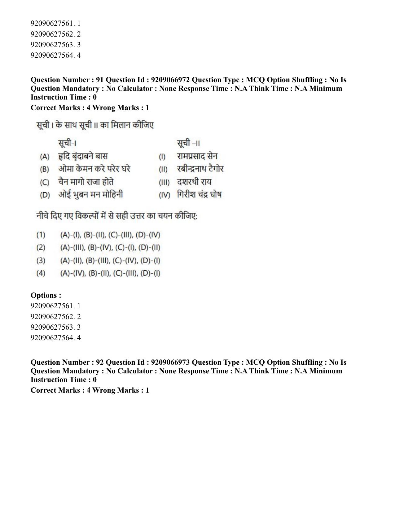 CUET PG 2023: HUQP26 – Rabindra Sangeet (Eng.)-shift 1 (08-06-2023) Question Paper - Page 92