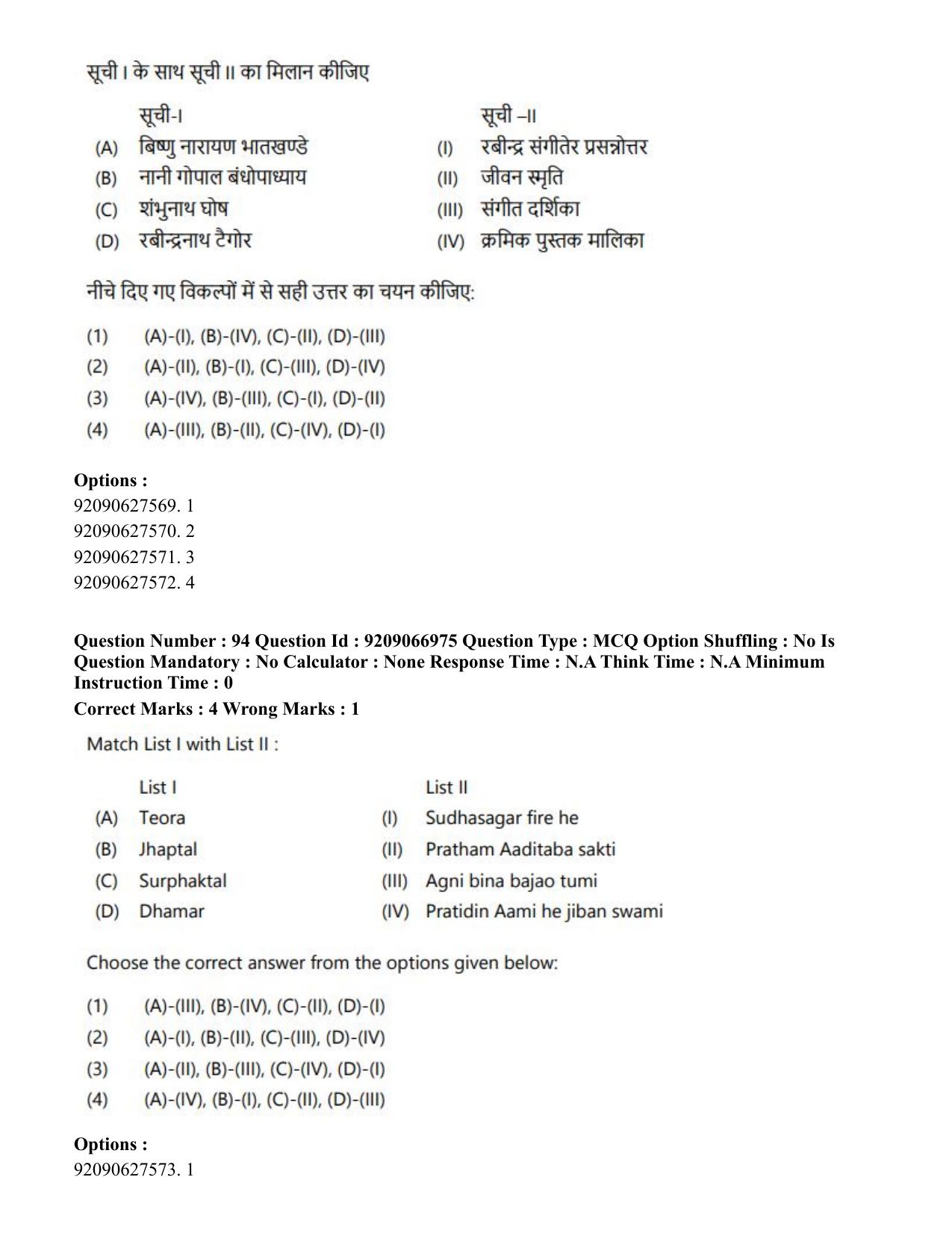 CUET PG 2023: HUQP26 – Rabindra Sangeet (Eng.)-shift 1 (08-06-2023) Question Paper - Page 95