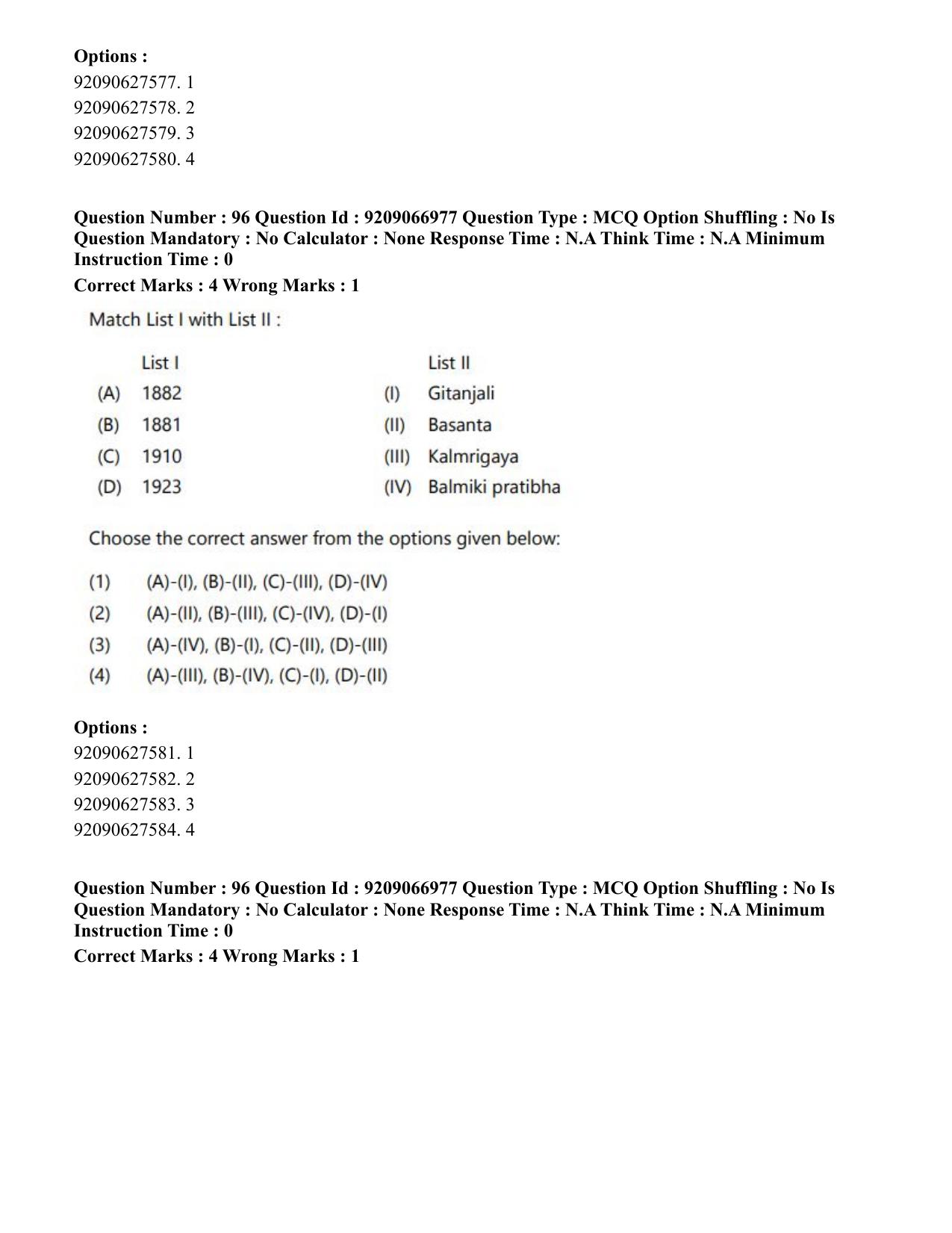 CUET PG 2023: HUQP26 – Rabindra Sangeet (Eng.)-shift 1 (08-06-2023) Question Paper - Page 98