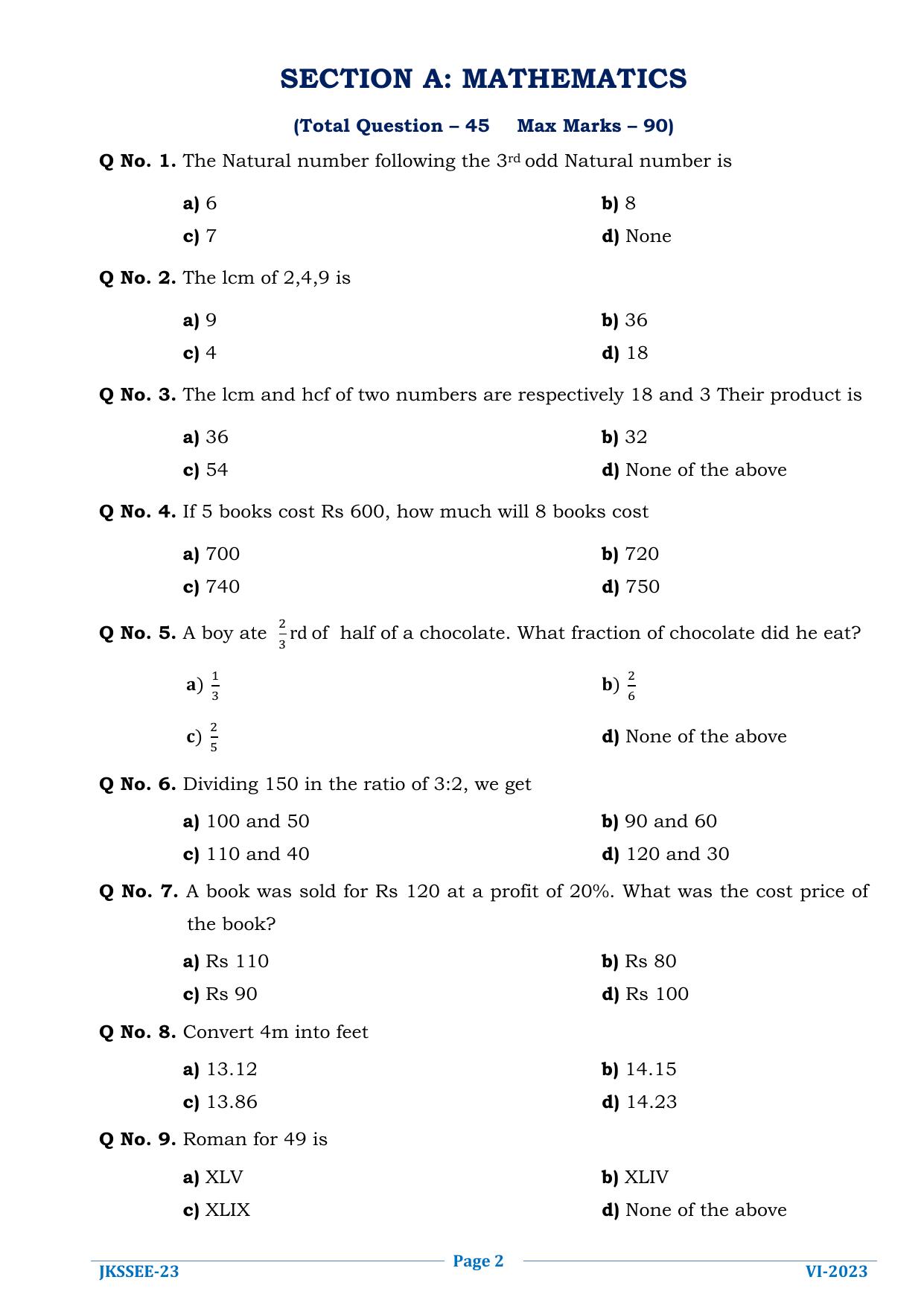 JKSSEE 2023 Class 6 Question Paper - Page 2