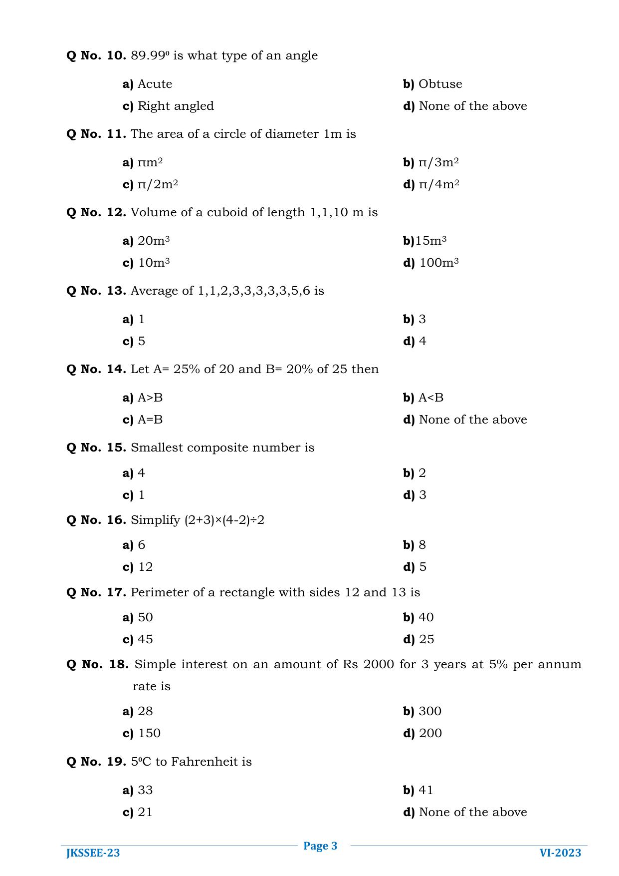 JKSSEE 2023 Class 6 Question Paper - Page 3
