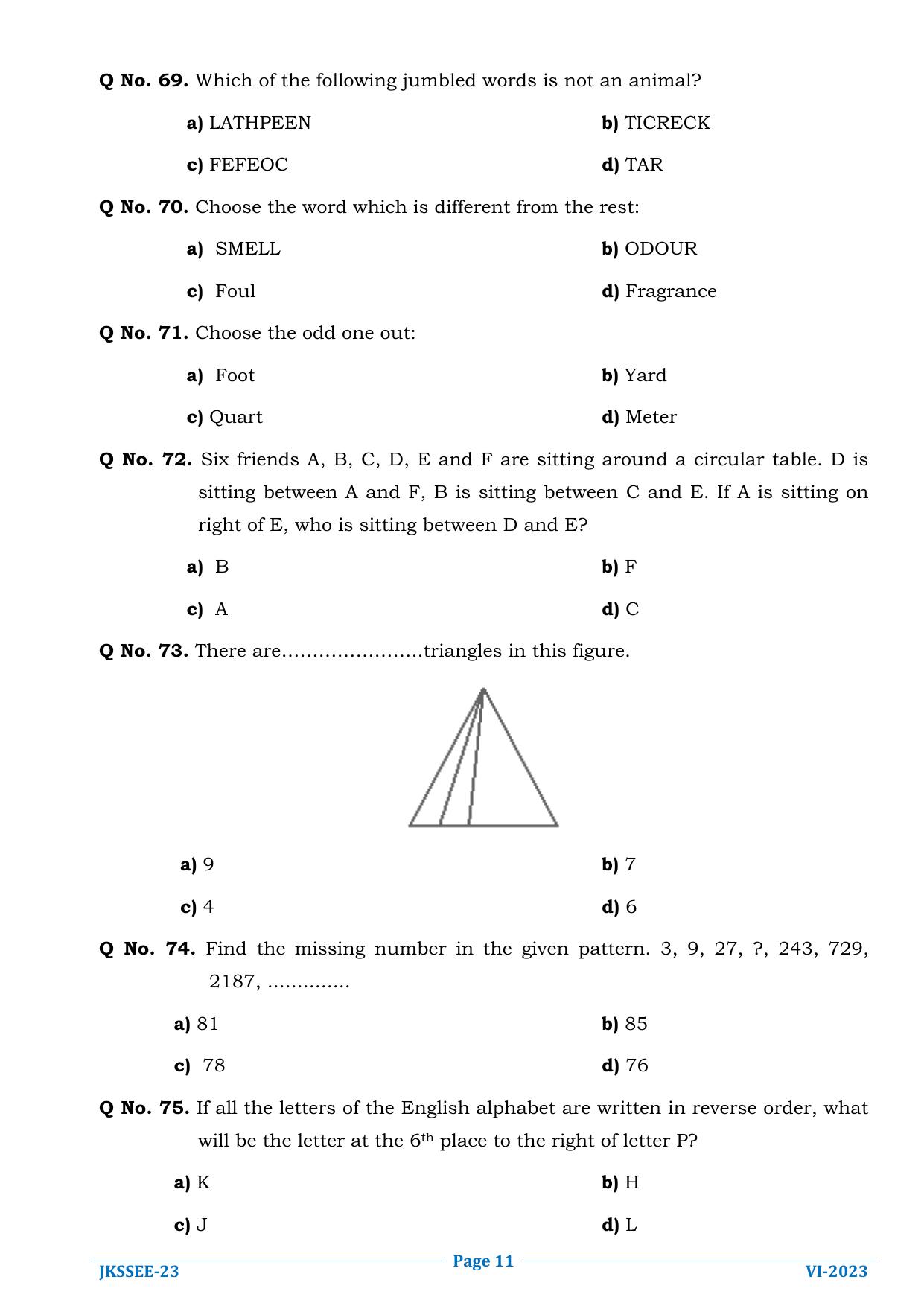 JKSSEE 2023 Class 6 Question Paper - Page 11